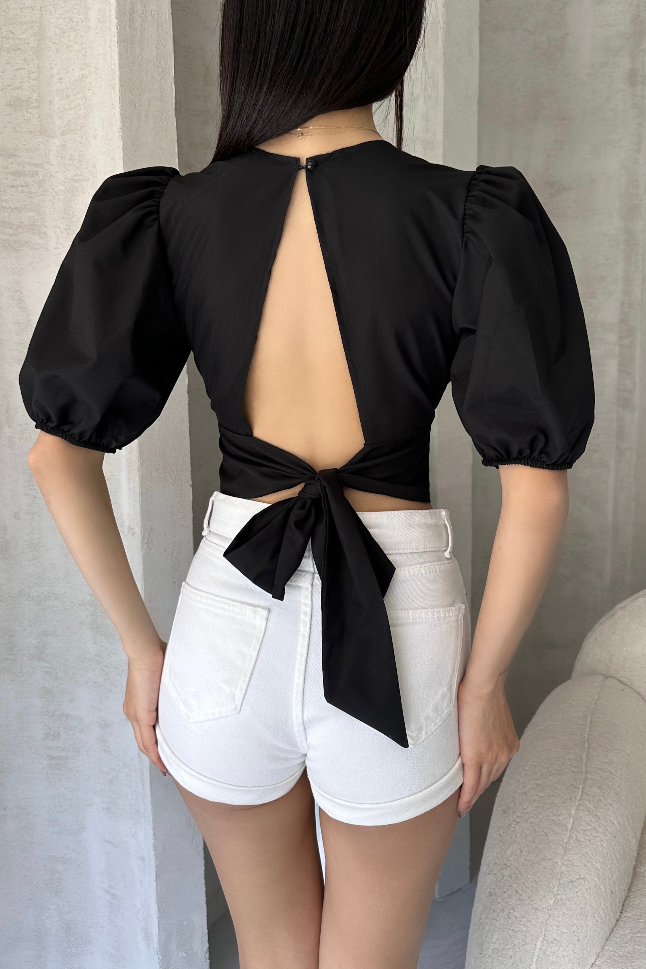 Karpuz Kol Sırt Dekolteli Poplin Bluz - SİYAH