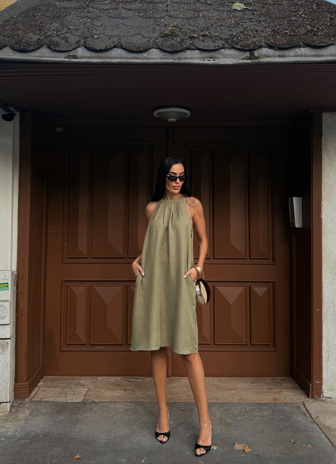 Halter Yaka Dokuma Midi Elbise - HAKİ
