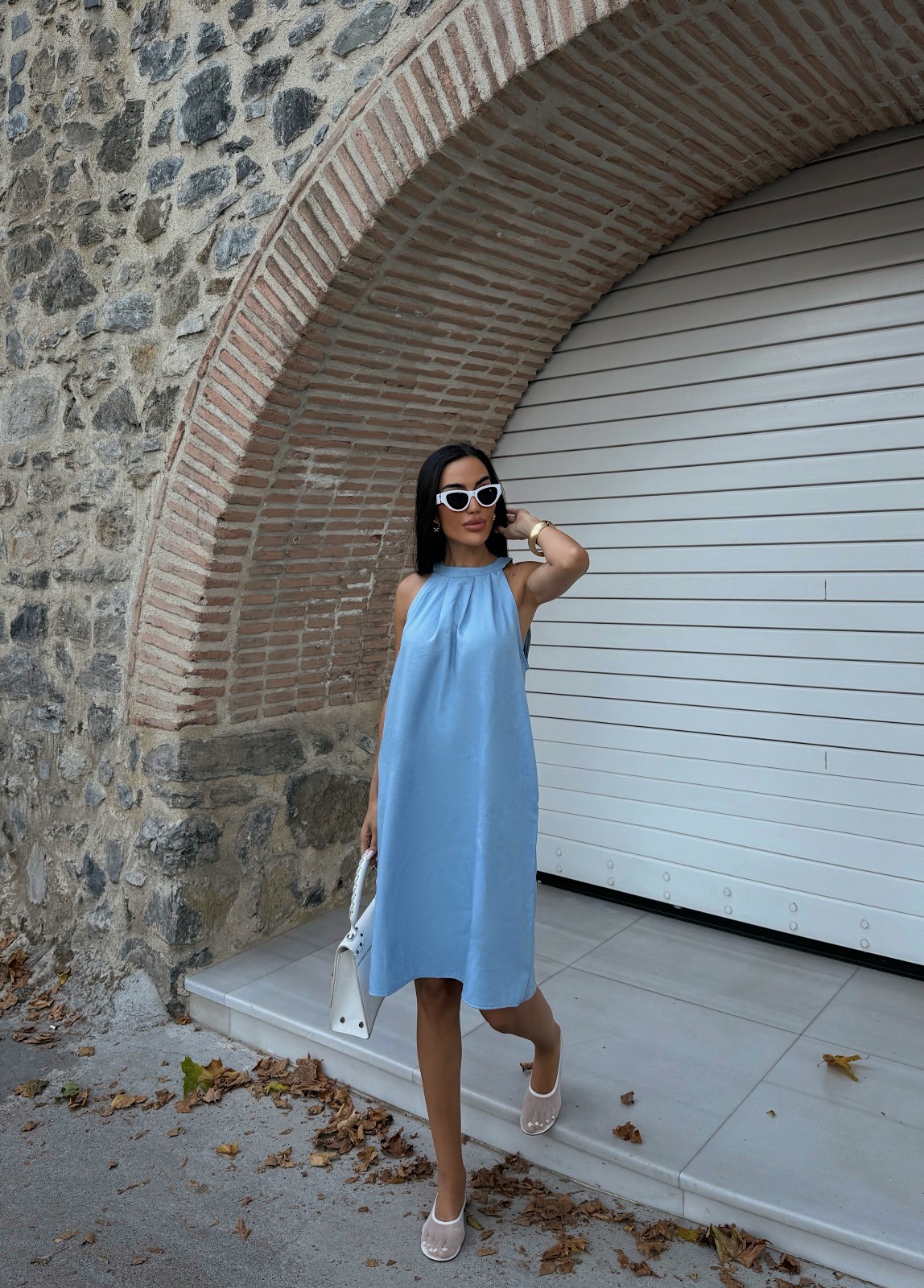 Halter Yaka Dokuma Midi Elbise - MAVİ