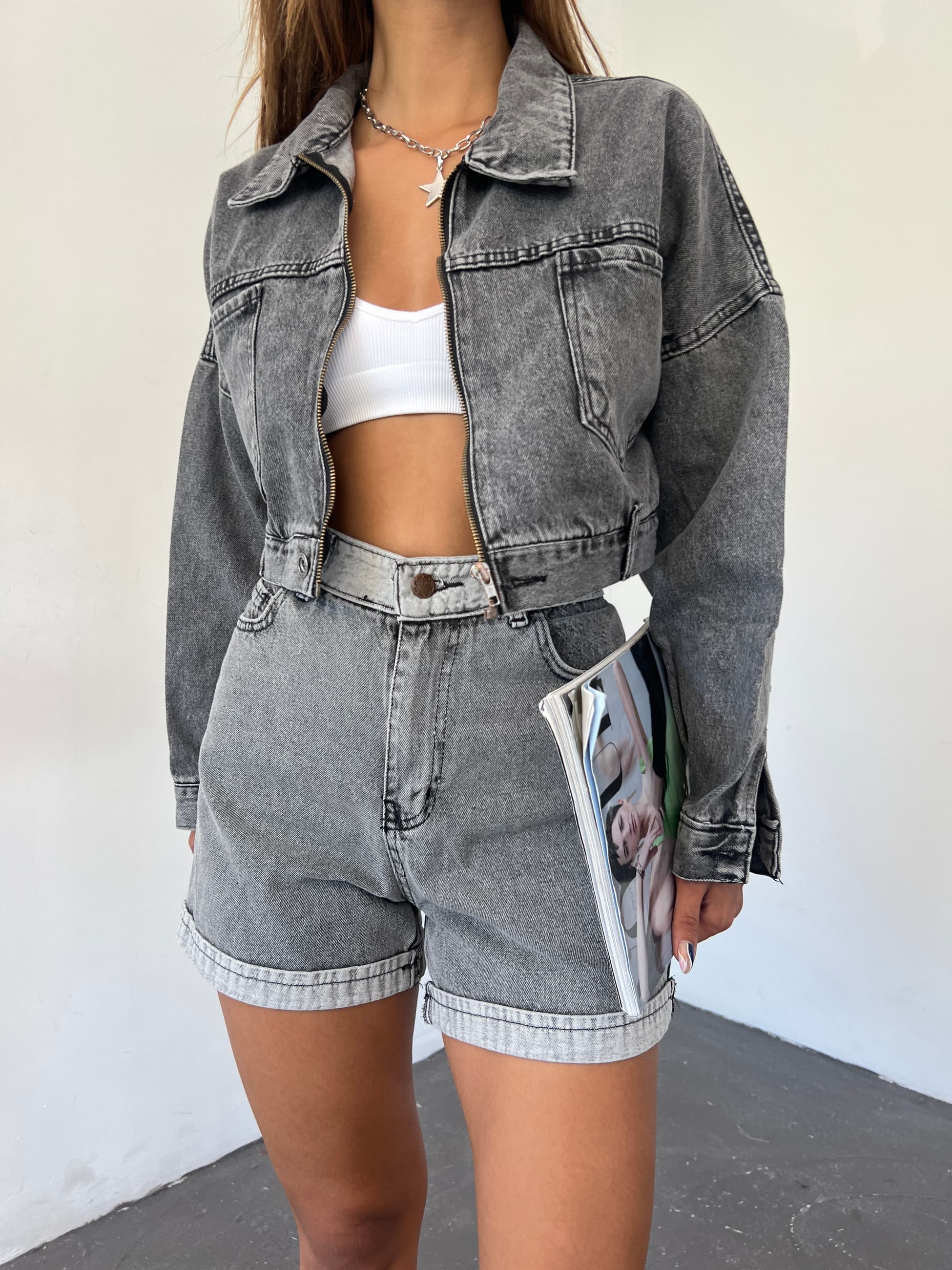 Fermuarlı Çift Cepli Denim Ceket - Görsel 6