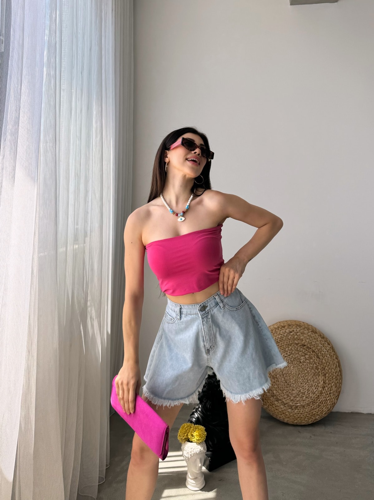 Geniş Paça Püsküllü Denim Şort - Görsel 5