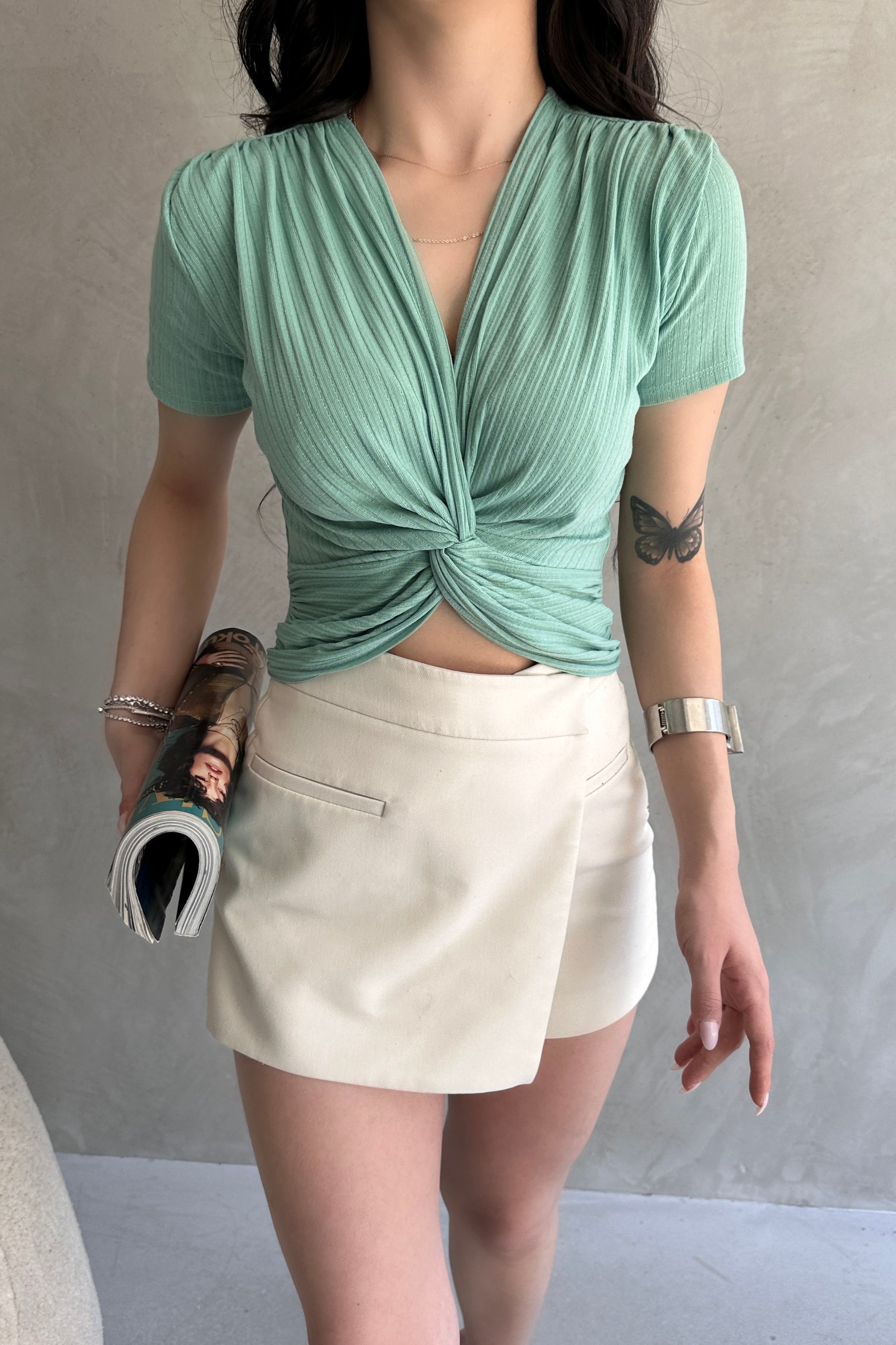 Kruvaze Yaka Crop Bluz