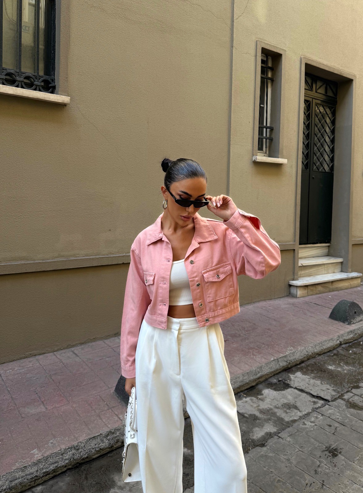 Çift Cep Denim Crop Ceket - PUDRA