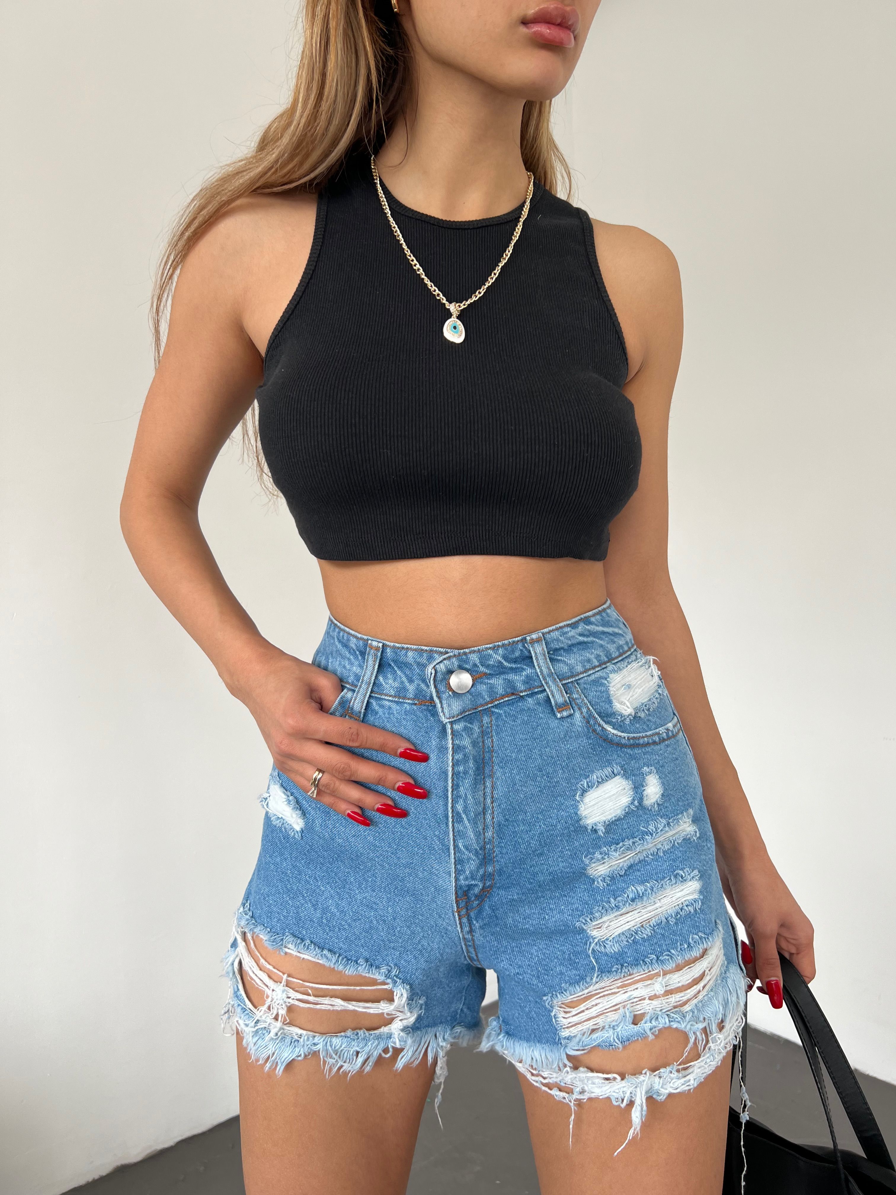 Washed Laser Ripped Mini Denim Shorts