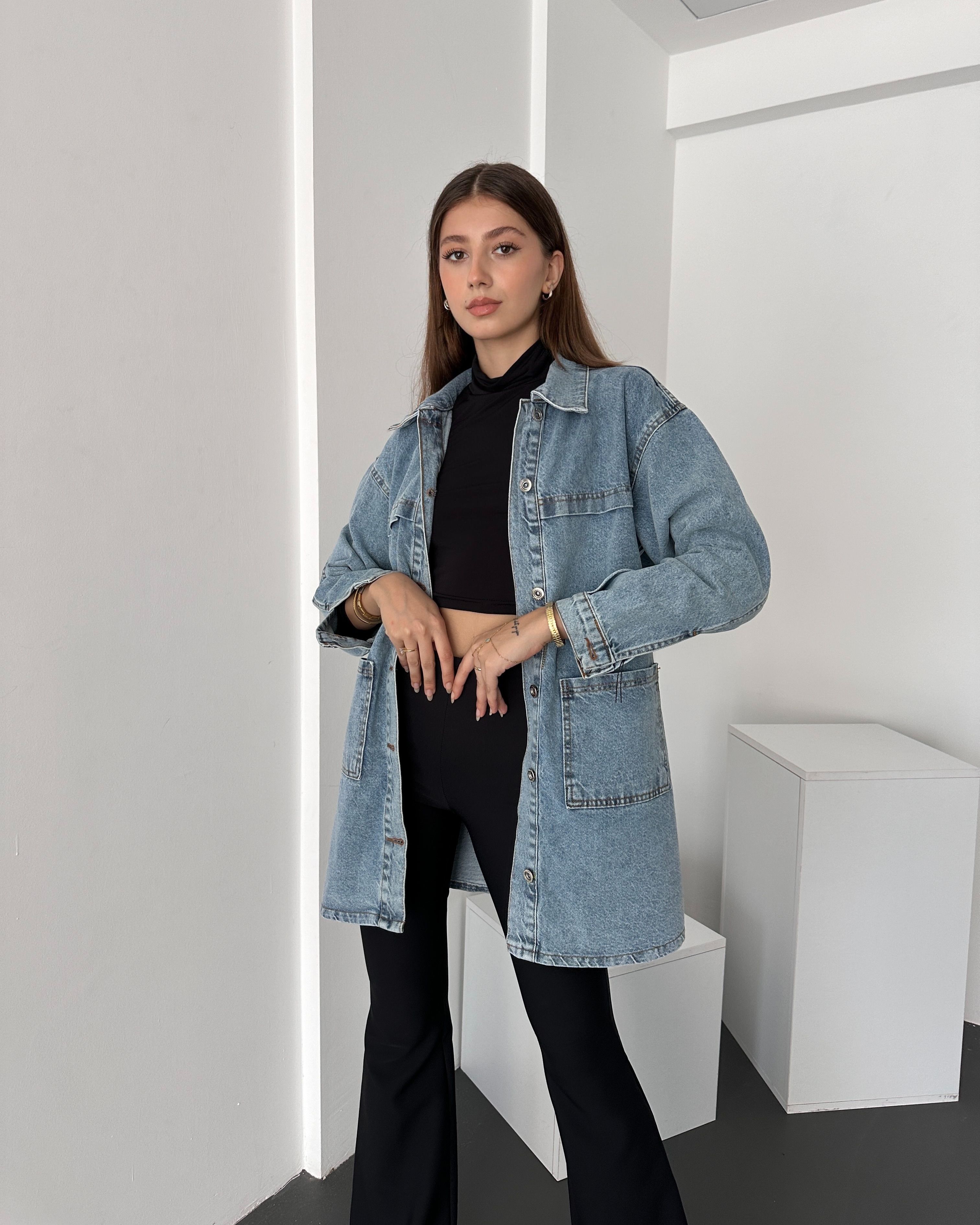 Düğmeli Çift Cep Oversize Denim Gömlek Ceket - KOYU MAVİ