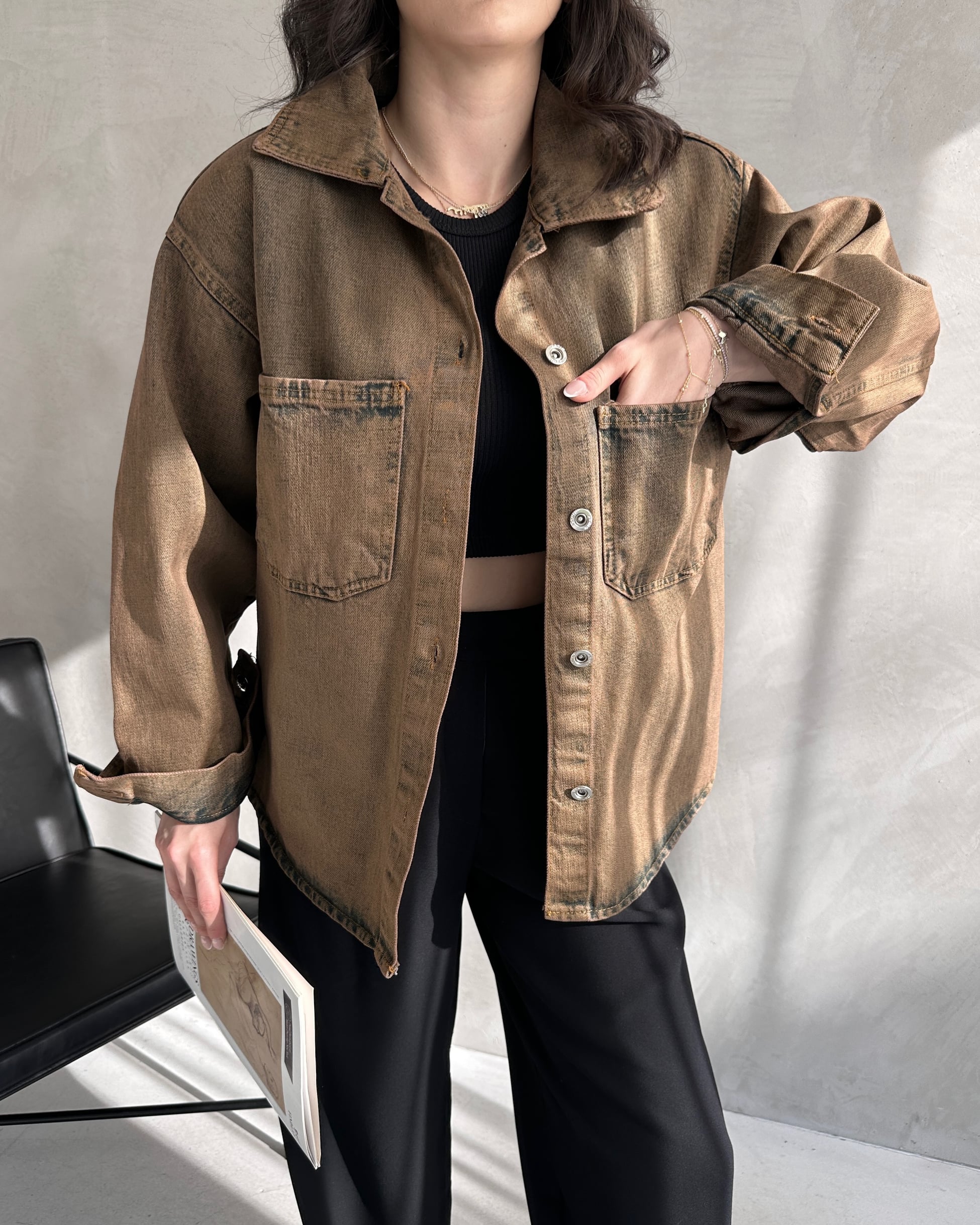 Çift Cepli Oversize Denim Gömlek Ceket - Görsel 5