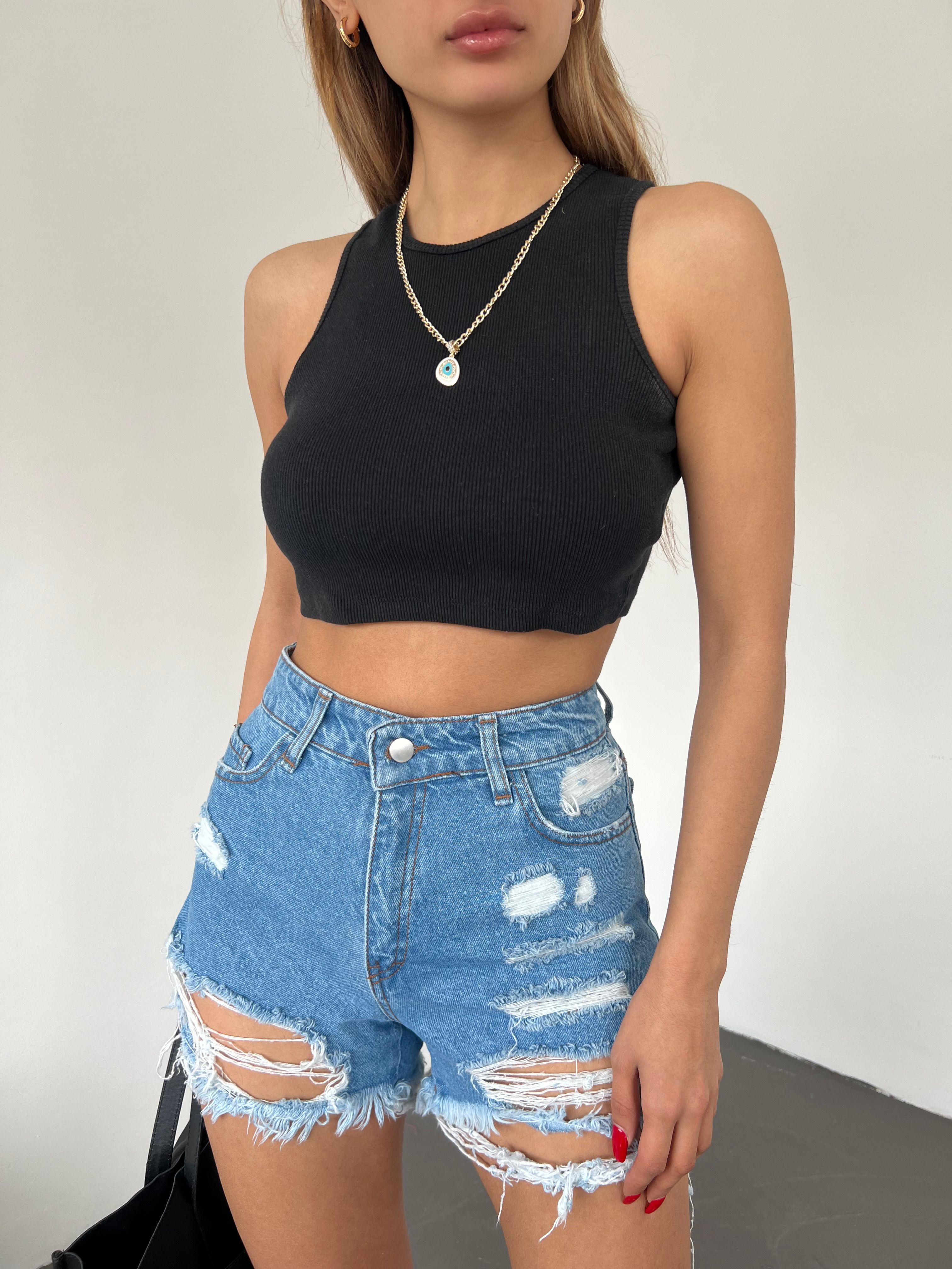 Washed Laser Ripped Mini Denim Shorts