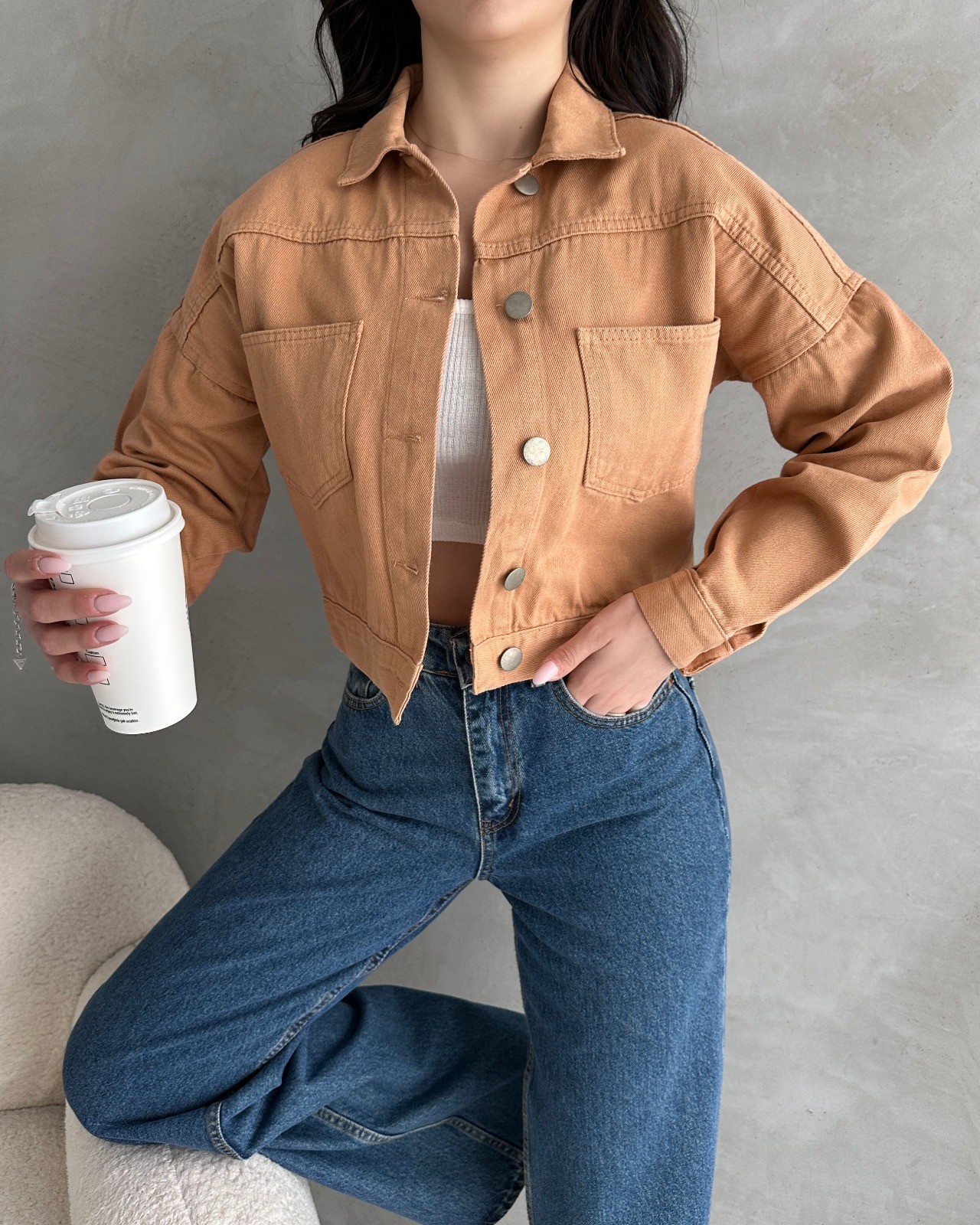 Çift Cepli Denim Crop Ceket