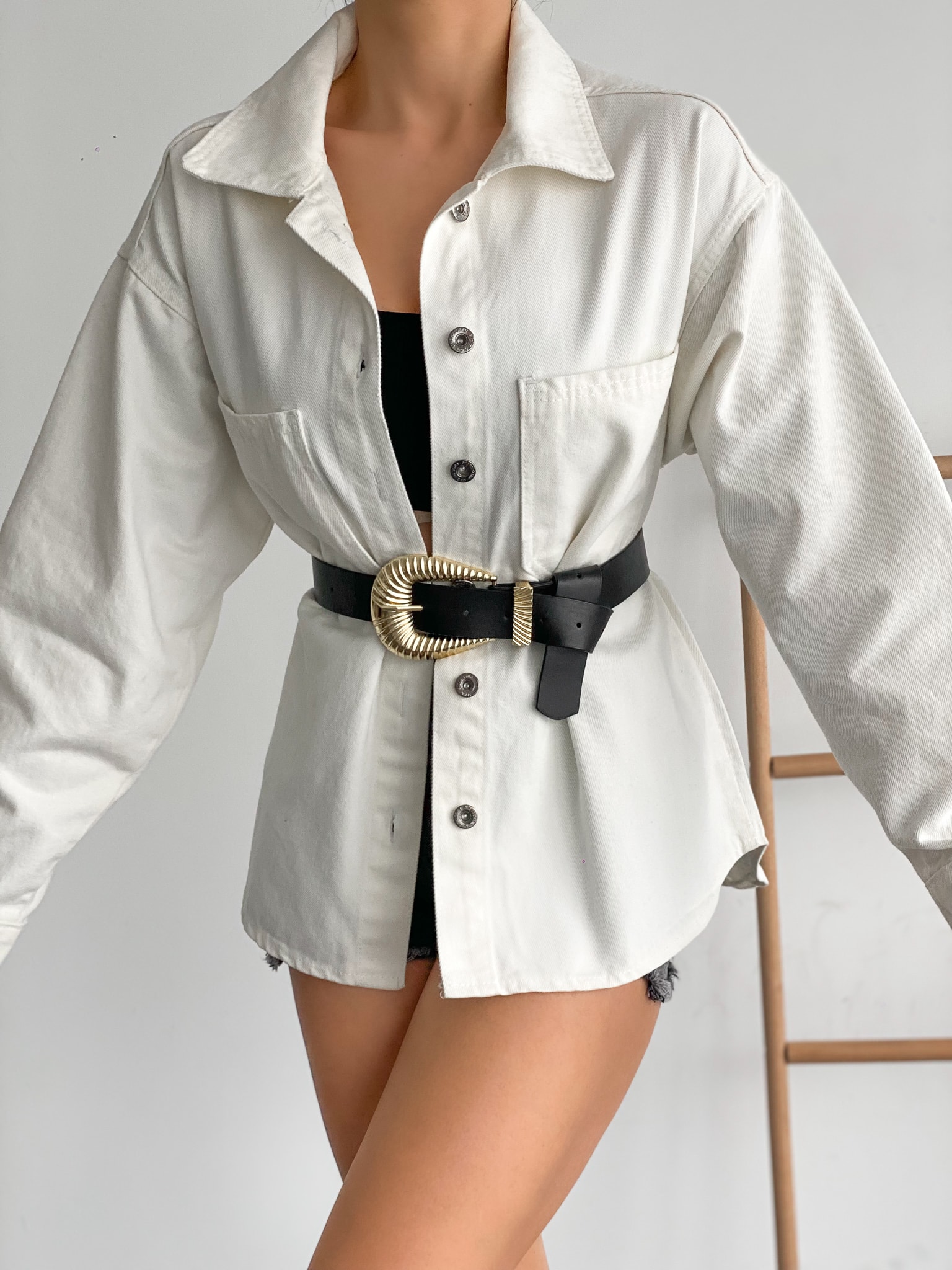 Çift Cepli Oversize Denim Gömlek Ceket - Görsel 4