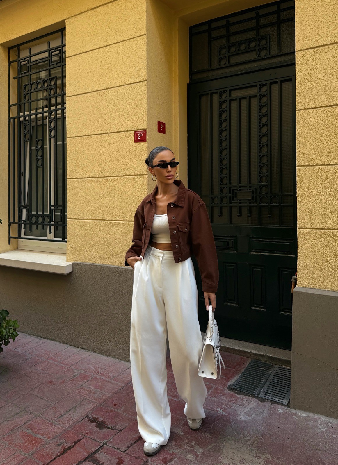 Çift Cep Denim Crop Ceket - KAHVERENGİ