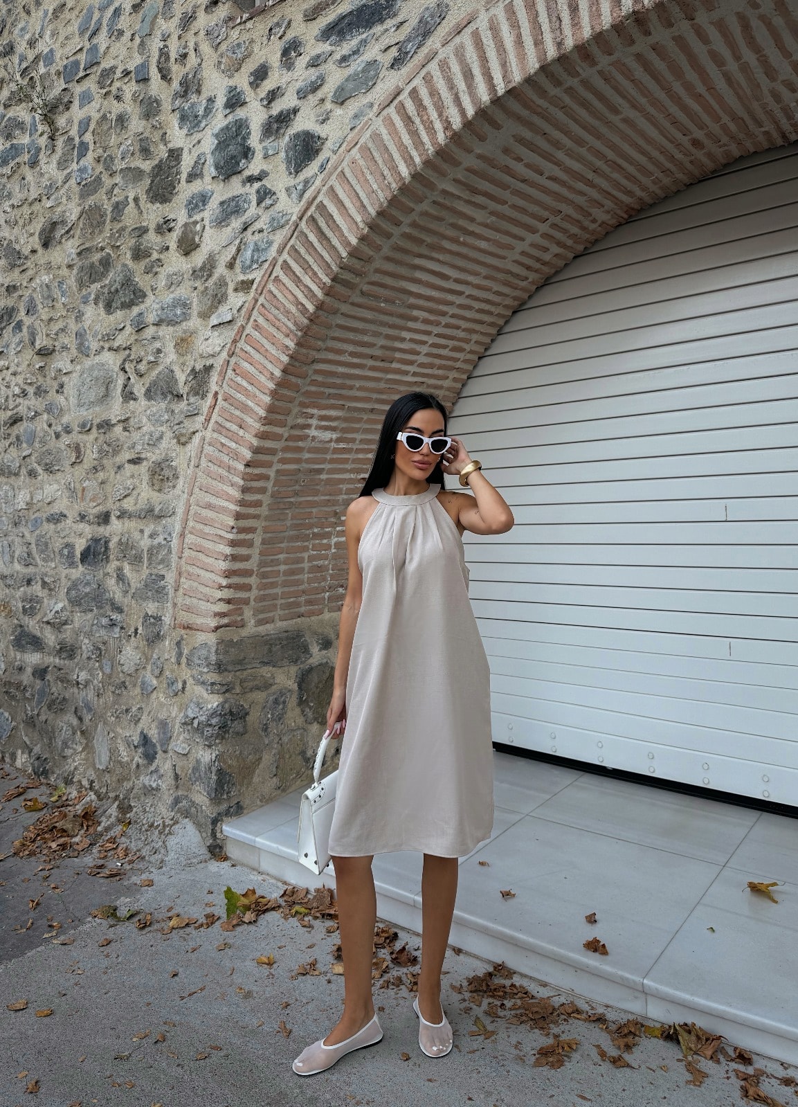 Halter Yaka Dokuma Midi Elbise - Görsel 5