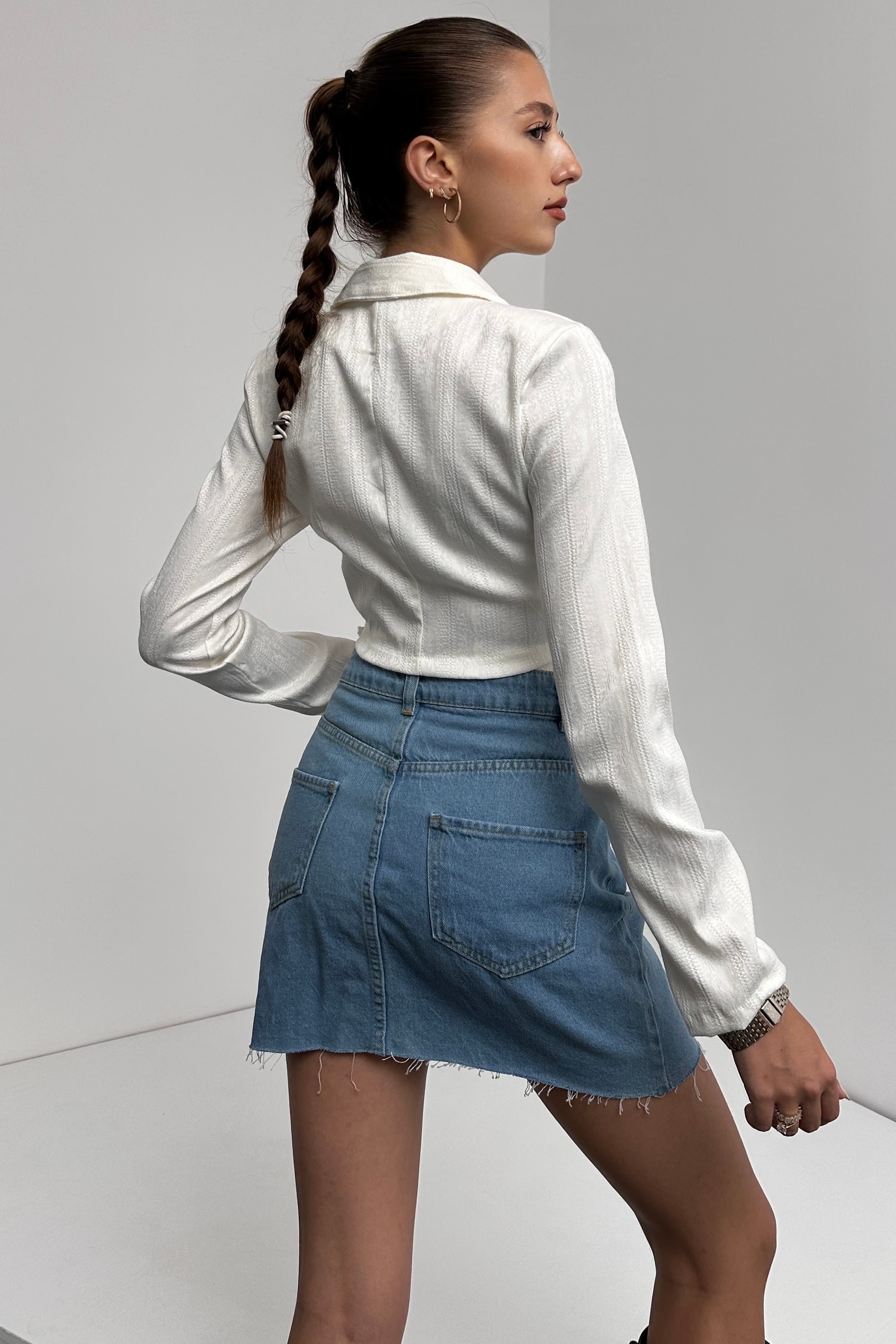 Gömlek Yaka Beli Bağlamalı Crop Bluz - Görsel 5
