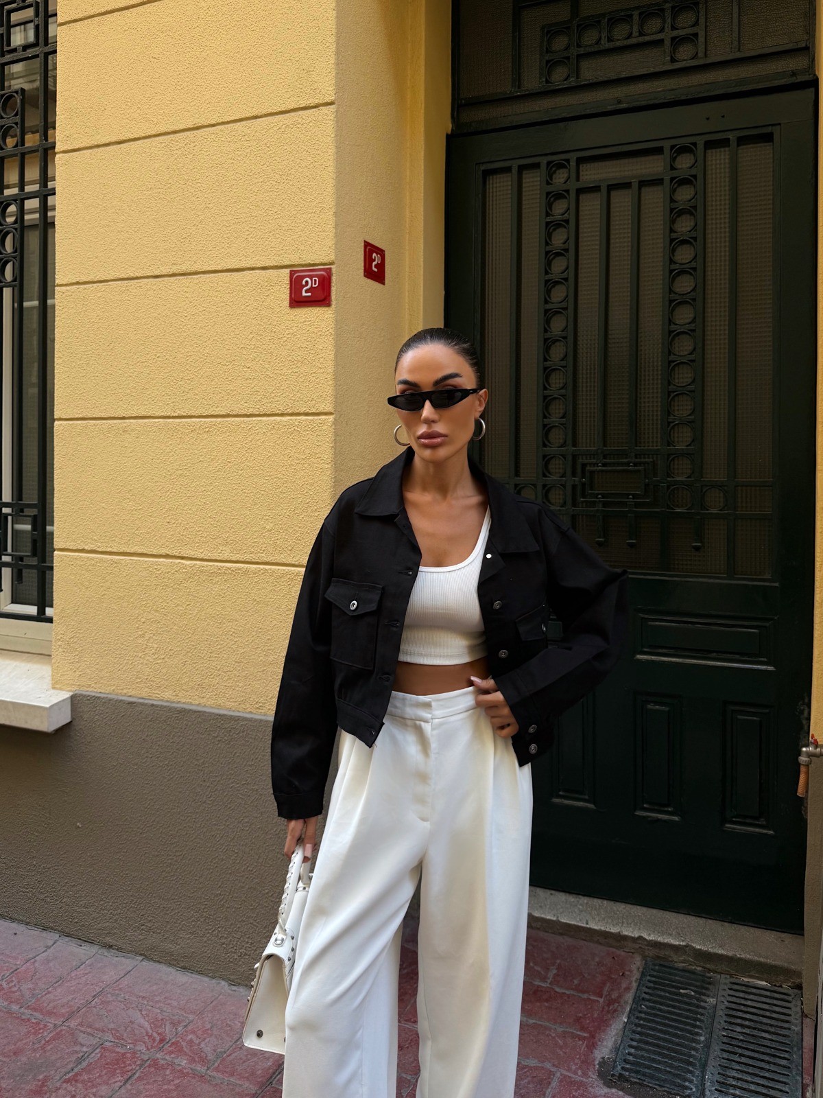 Çift Cep Denim Crop Ceket