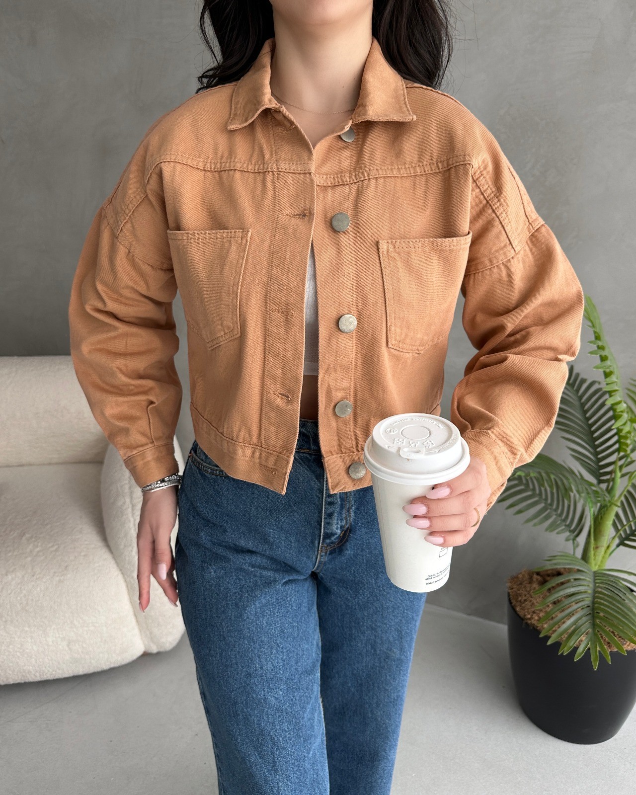 Çift Cepli Denim Crop Ceket
