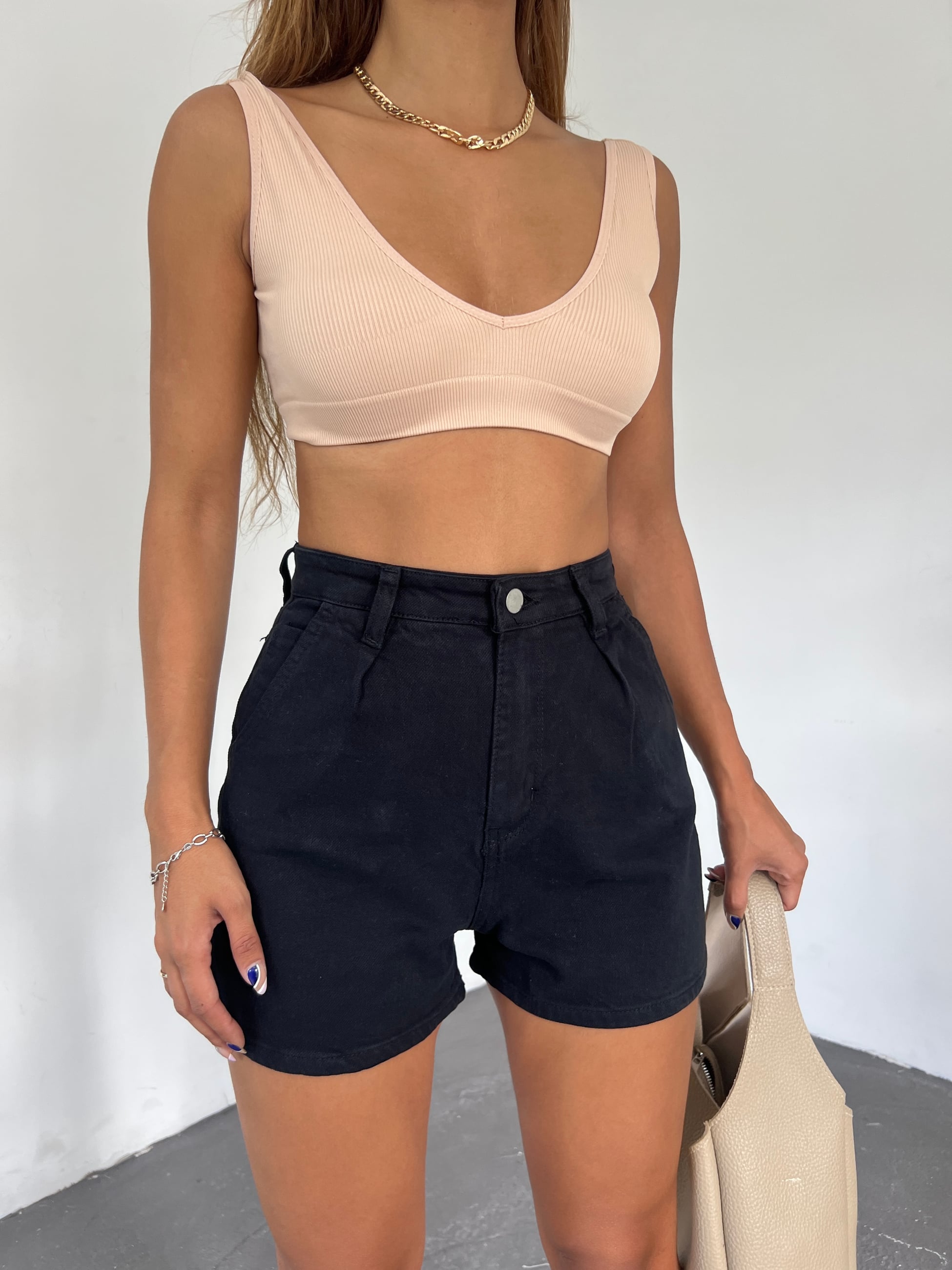 Çift Cepli Pileli Mini Denim Şort - 2