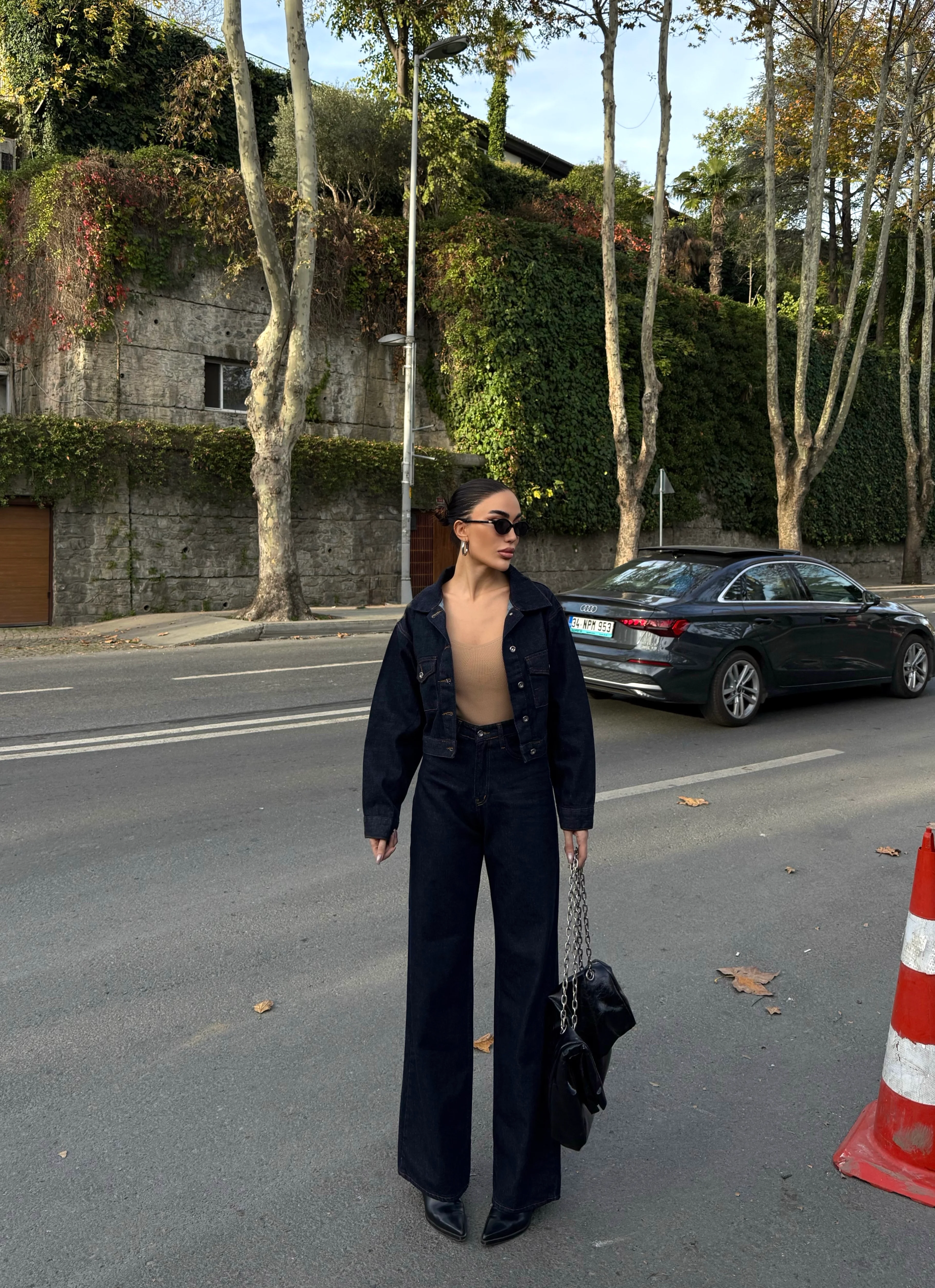 Çift Cepli Crop Ceket Ve Palazzo Pantolon Denim Takım