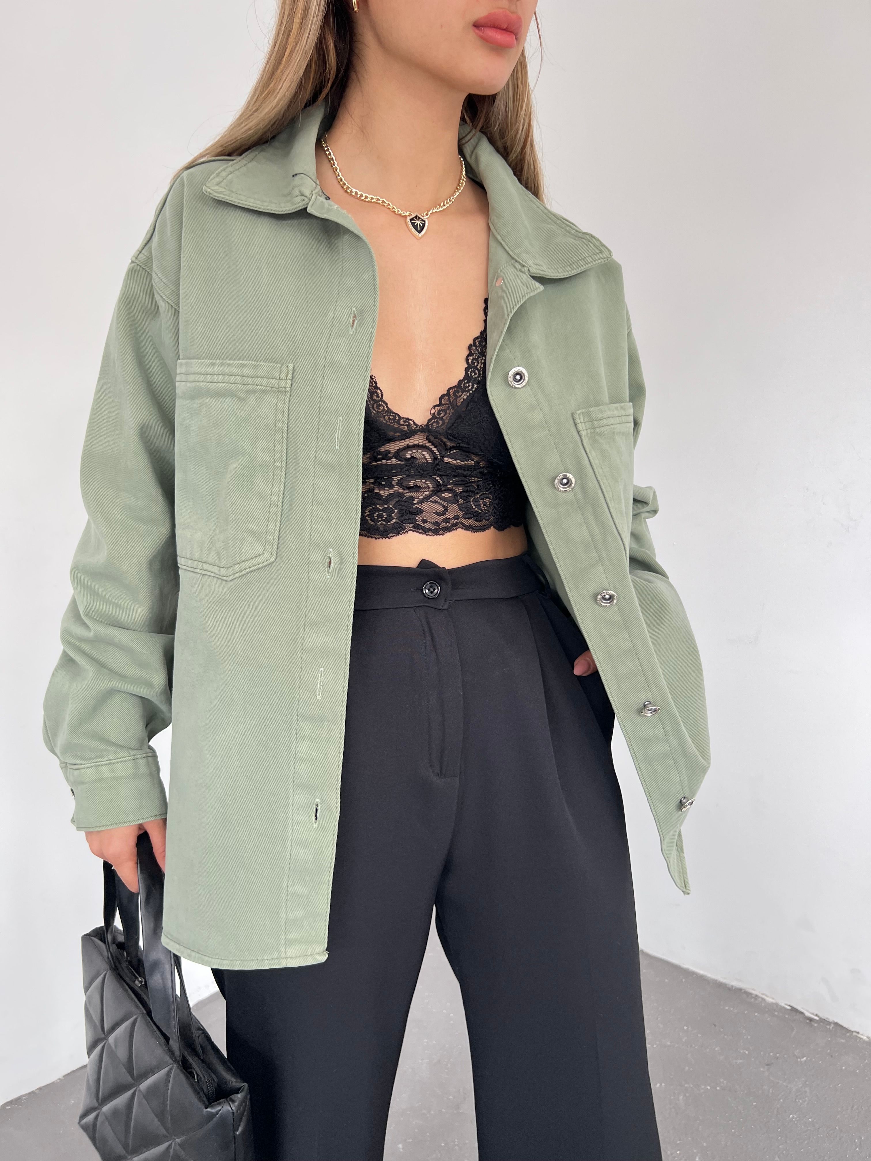  Double Pocket Oversize Denim Shirt Jacket - OPEN GREEN