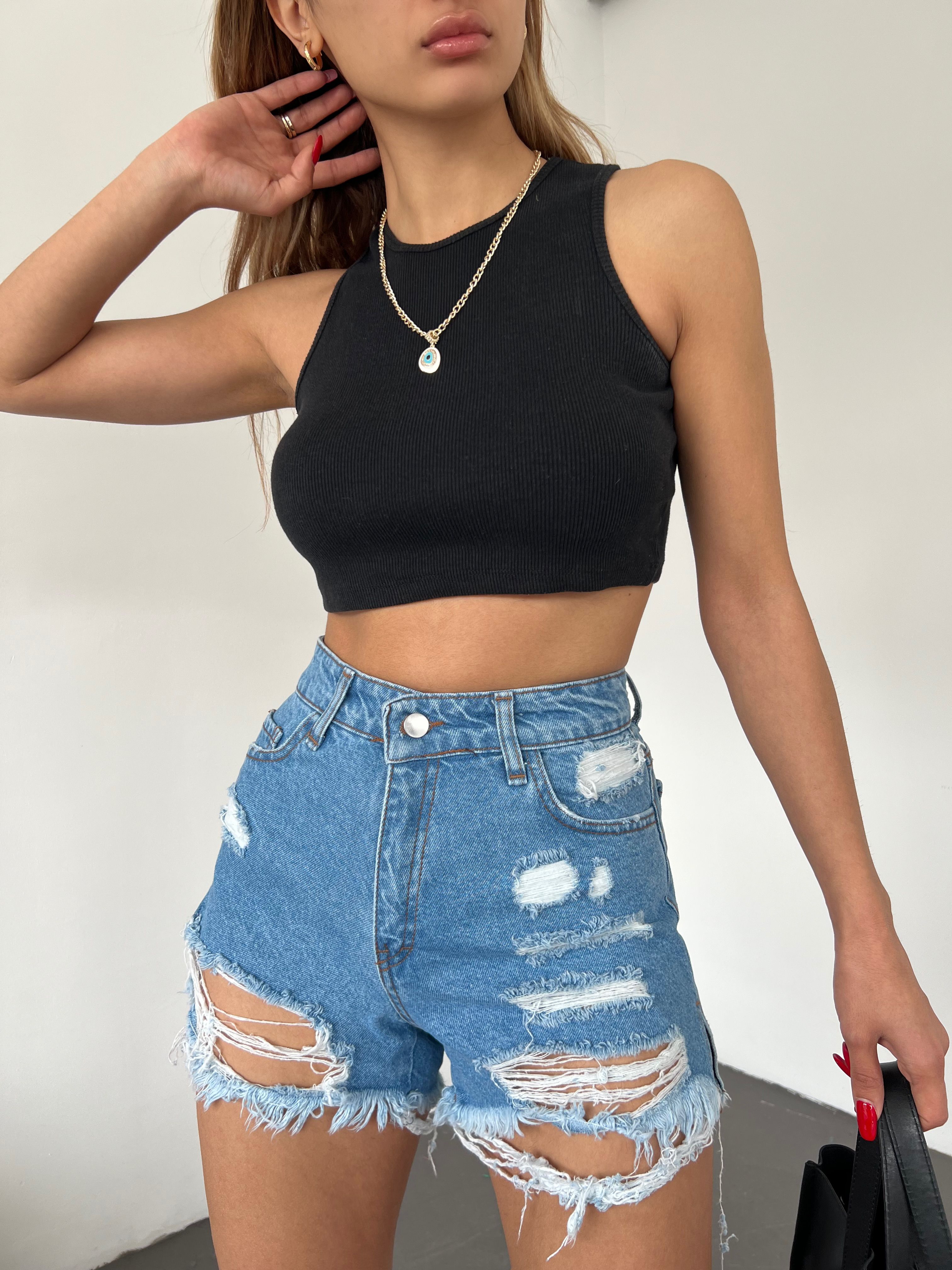 Washed Laser Ripped Mini Denim Shorts