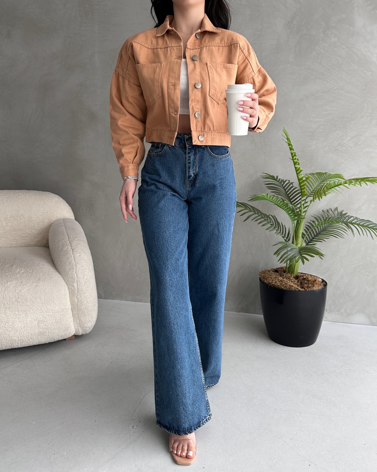 Çift Cepli Denim Crop Ceket