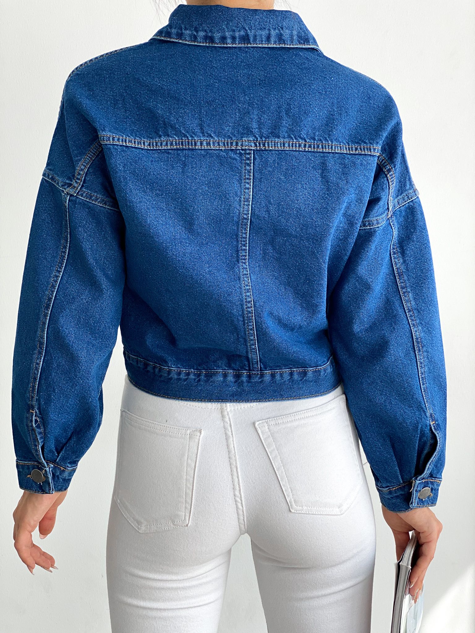 Çift Cepli Denim Crop Ceket
