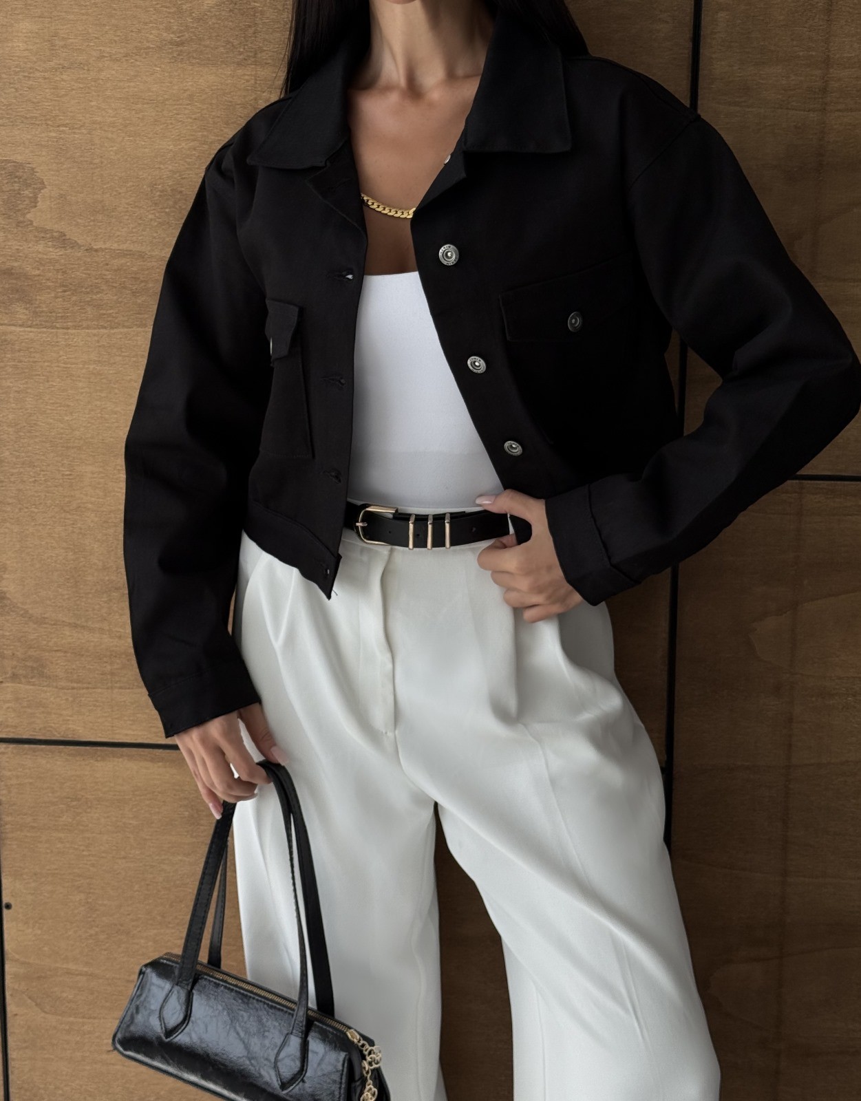 Çift Cep Denim Crop Ceket - SİYAH