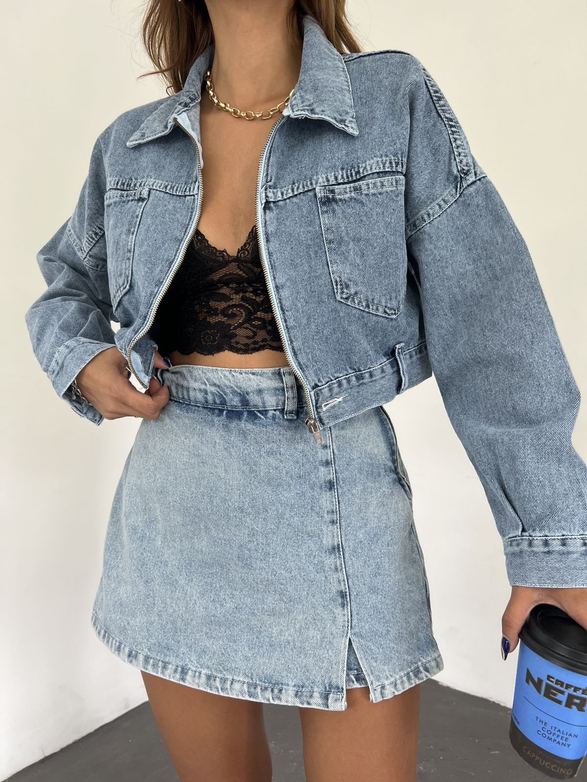 Zippered Double Pocket Denim Jacket - BLUE