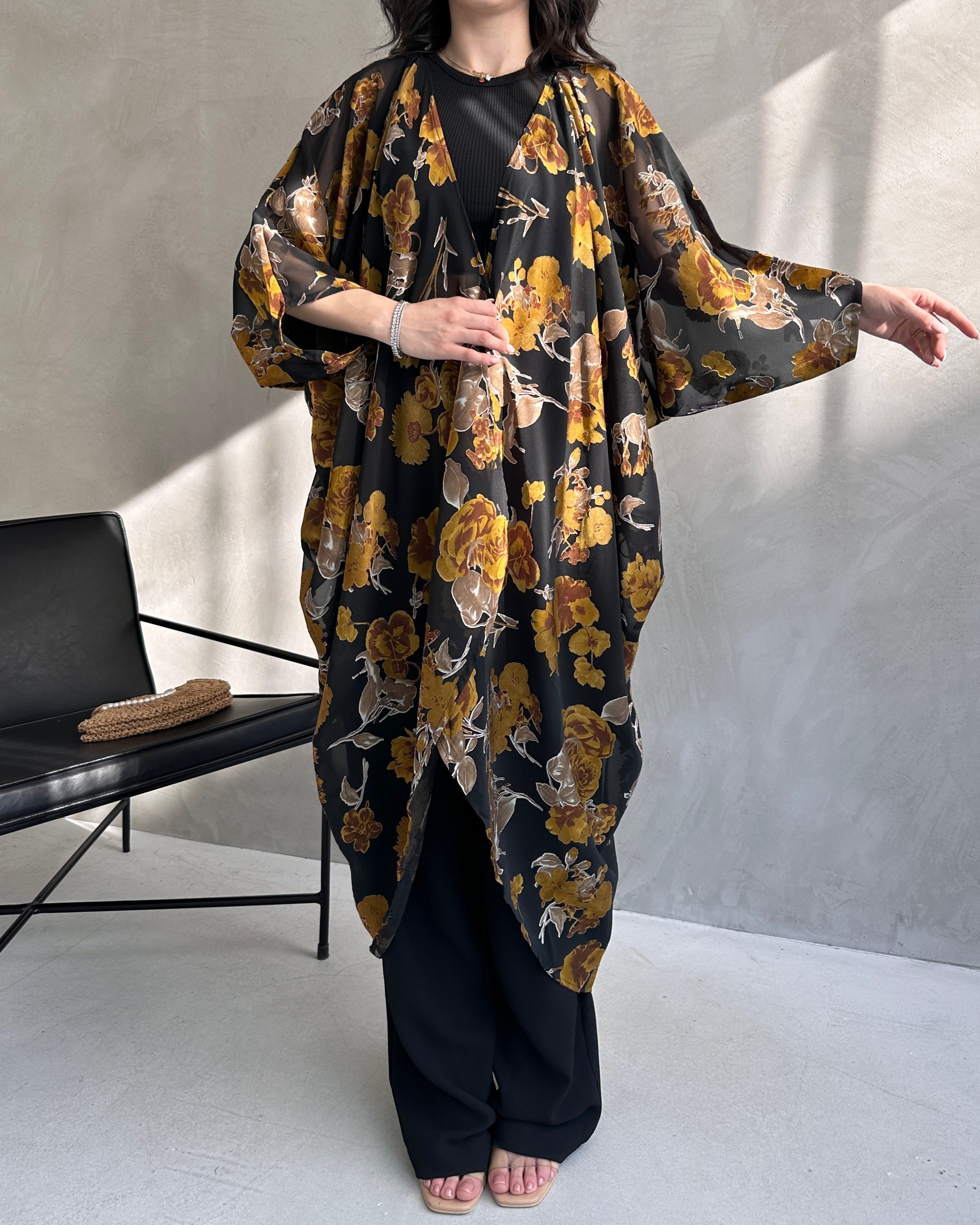 Çiçek Desenli Şifon Uzun Kimono