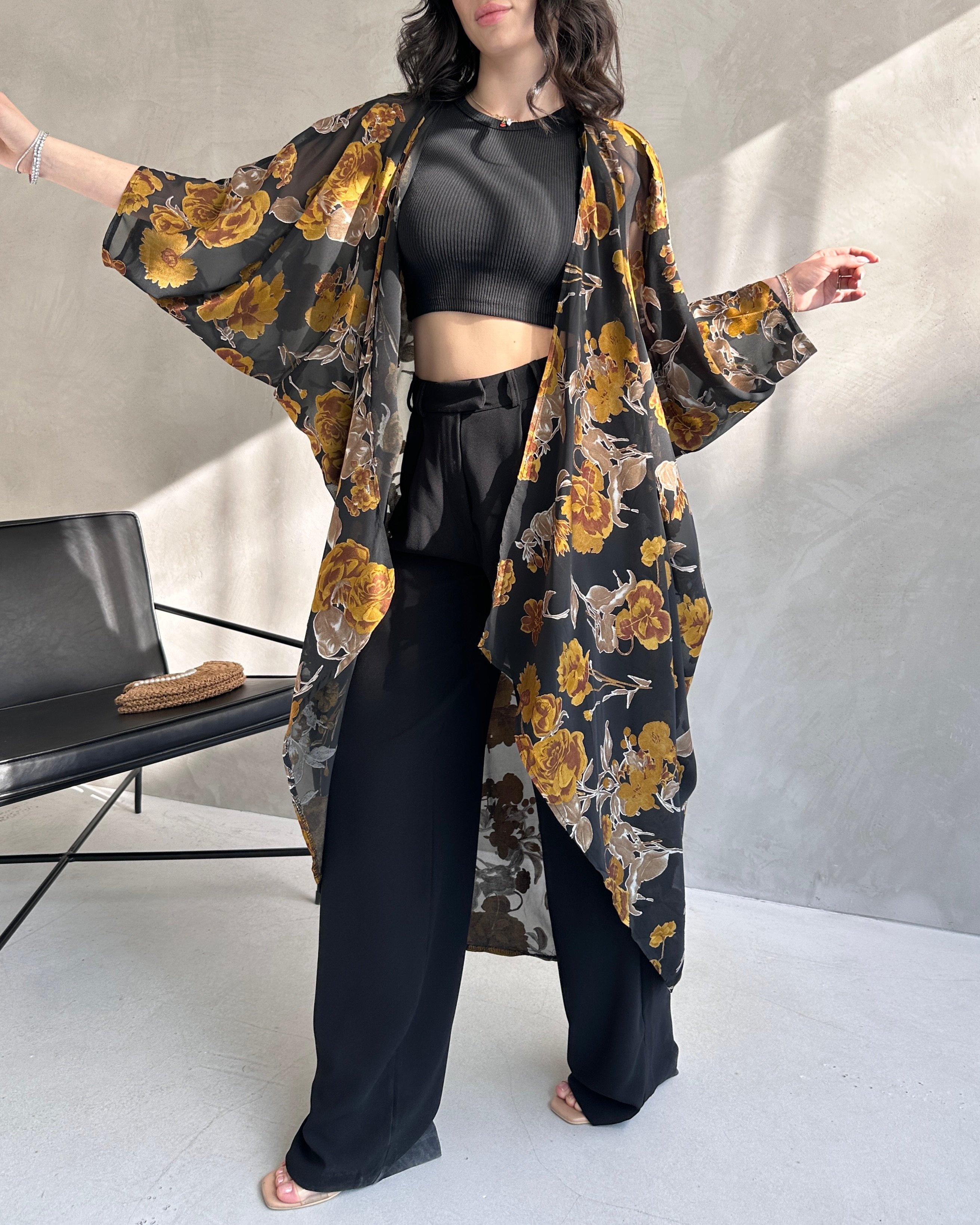 Çiçek Desenli Şifon Uzun Kimono