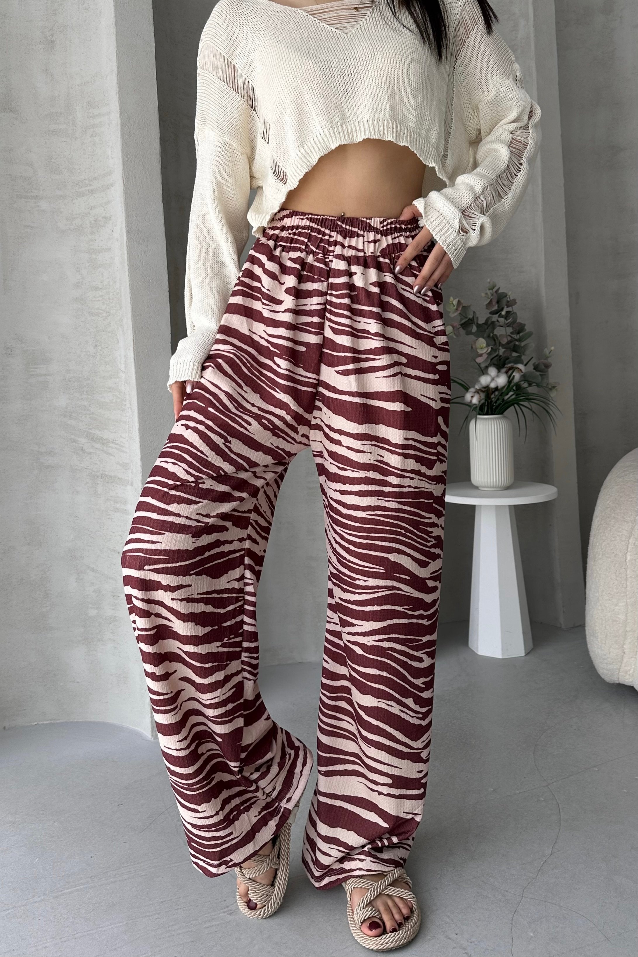 Desenli Beli Lastikli Bürümcük Pantolon - BORDO
