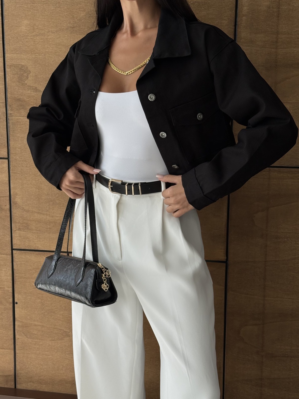 Çift Cep Denim Crop Ceket