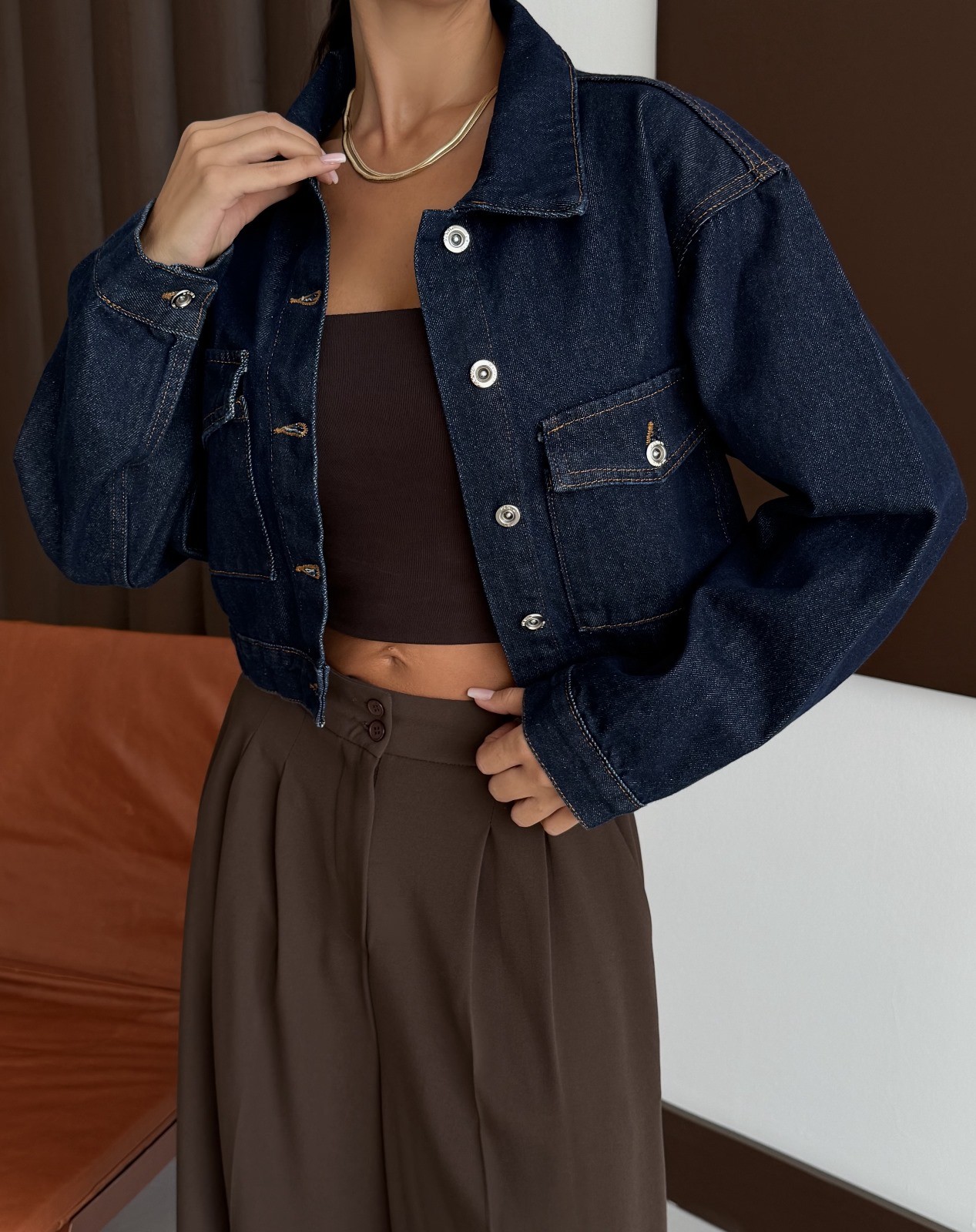 Çift Cep Denim Crop Ceket - LACİVERT