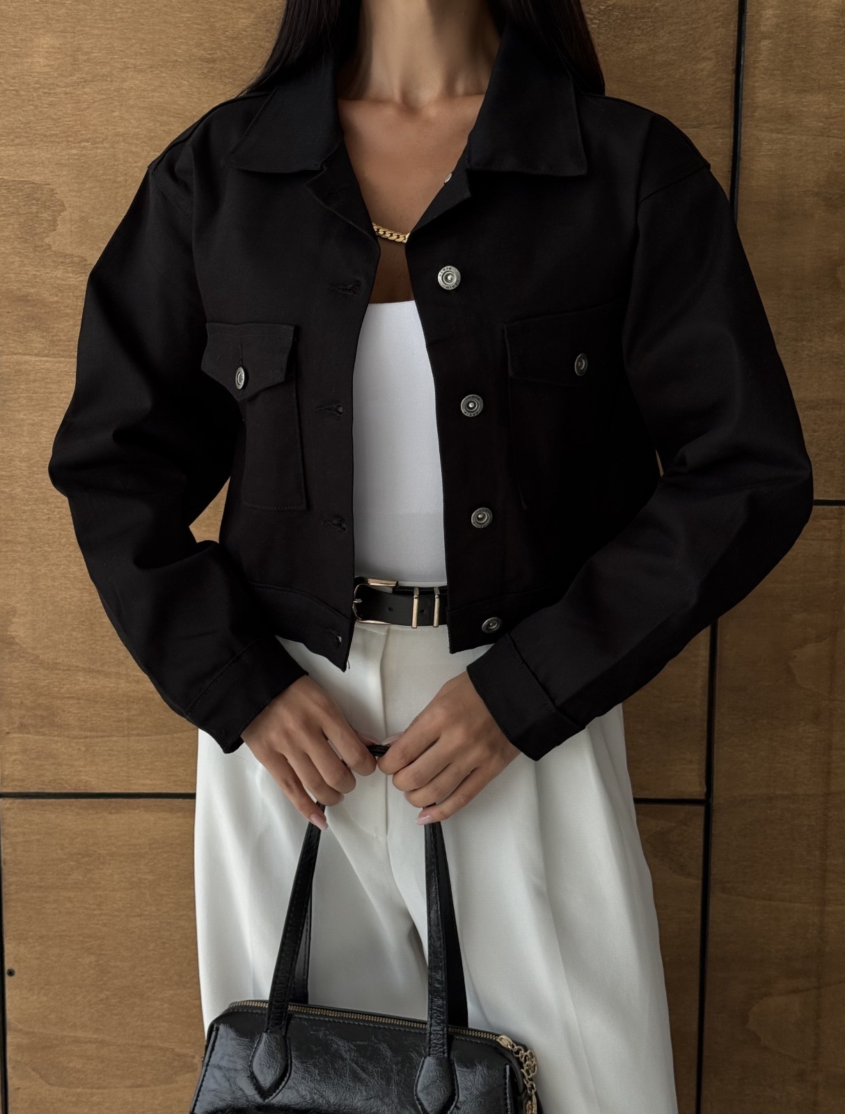 Çift Cep Denim Crop Ceket