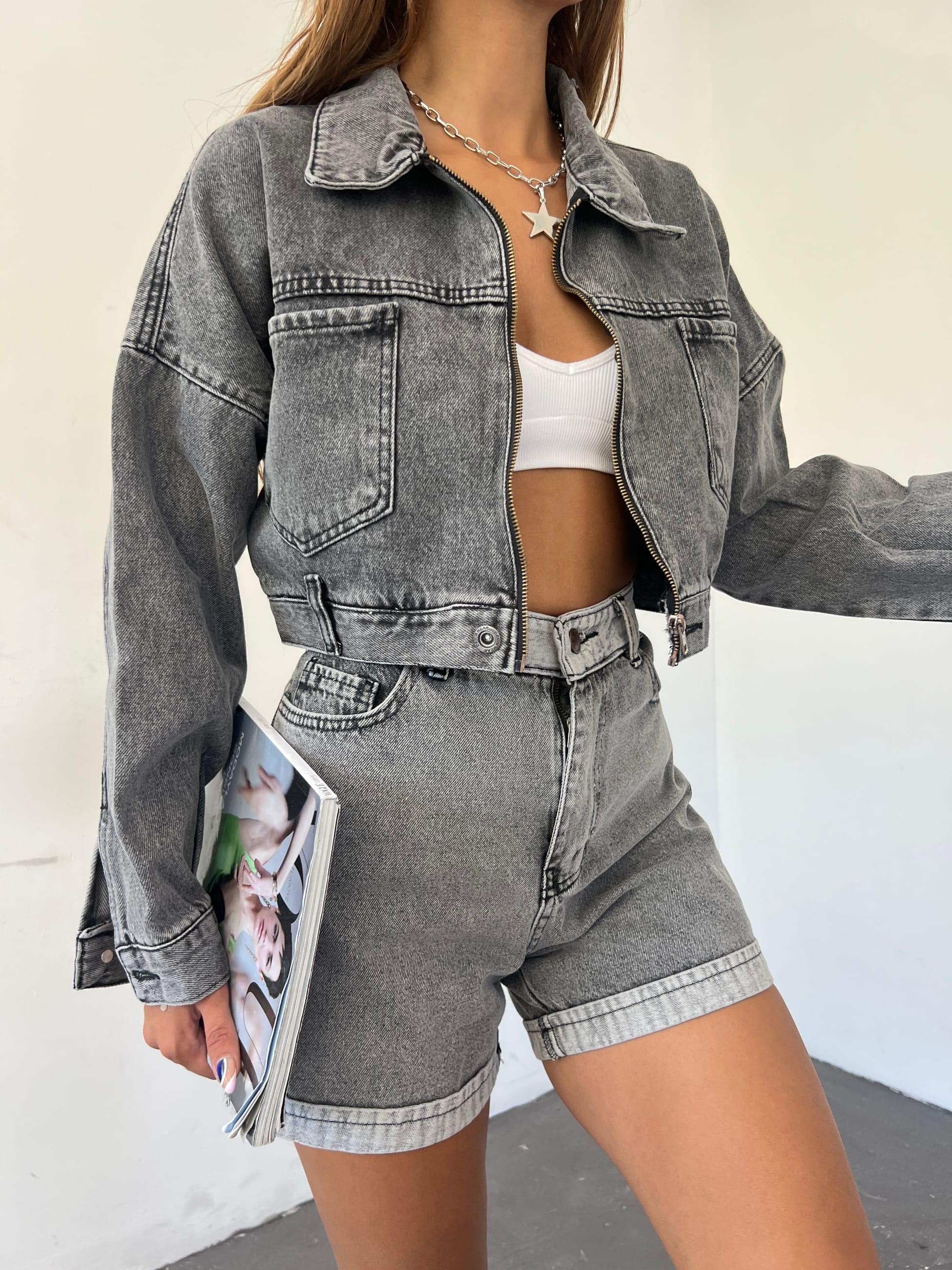 Fermuarlı Çift Cepli Denim Ceket - Görsel 5
