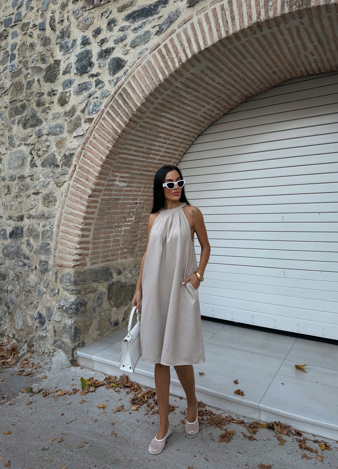 Halter Yaka Dokuma Midi Elbise - BEJ