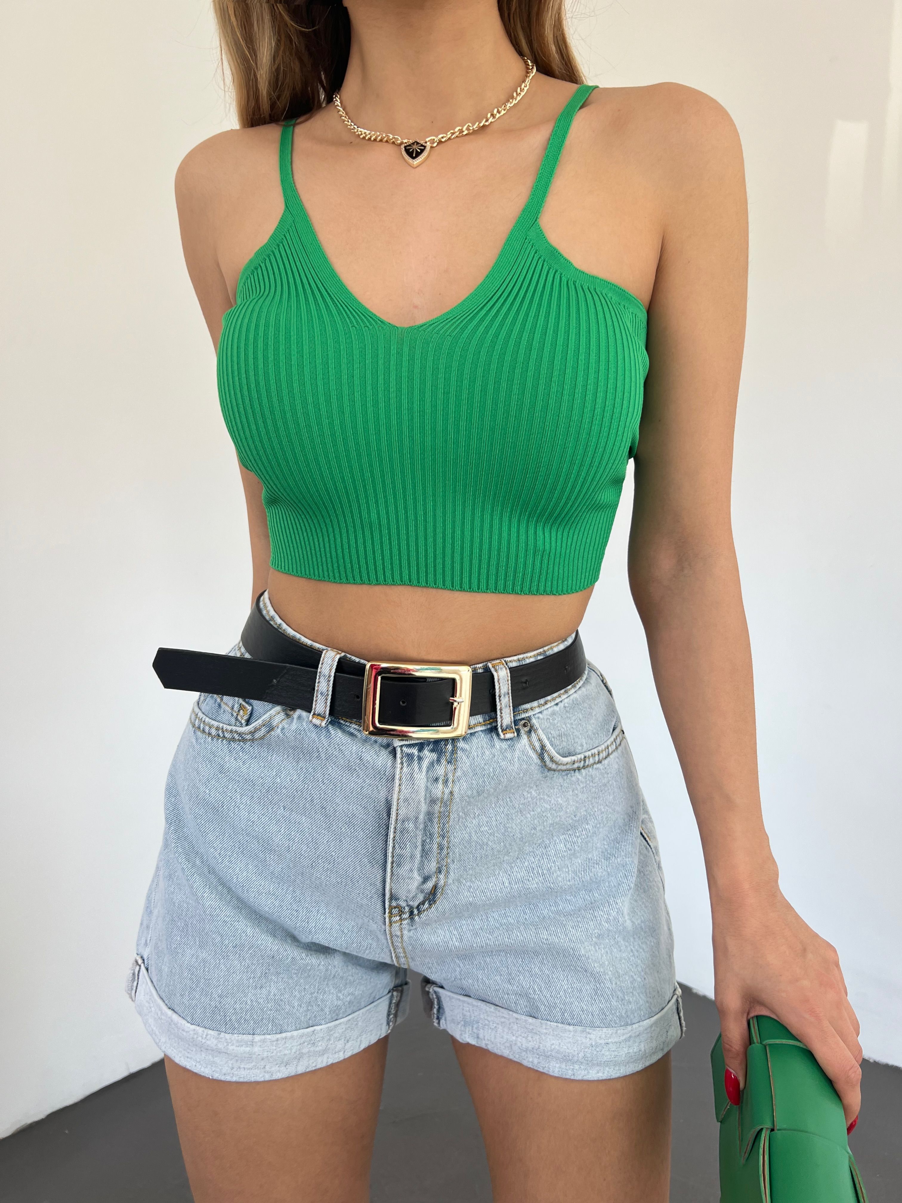 Askılı V Yaka Triko Crop Bluz - GREEN