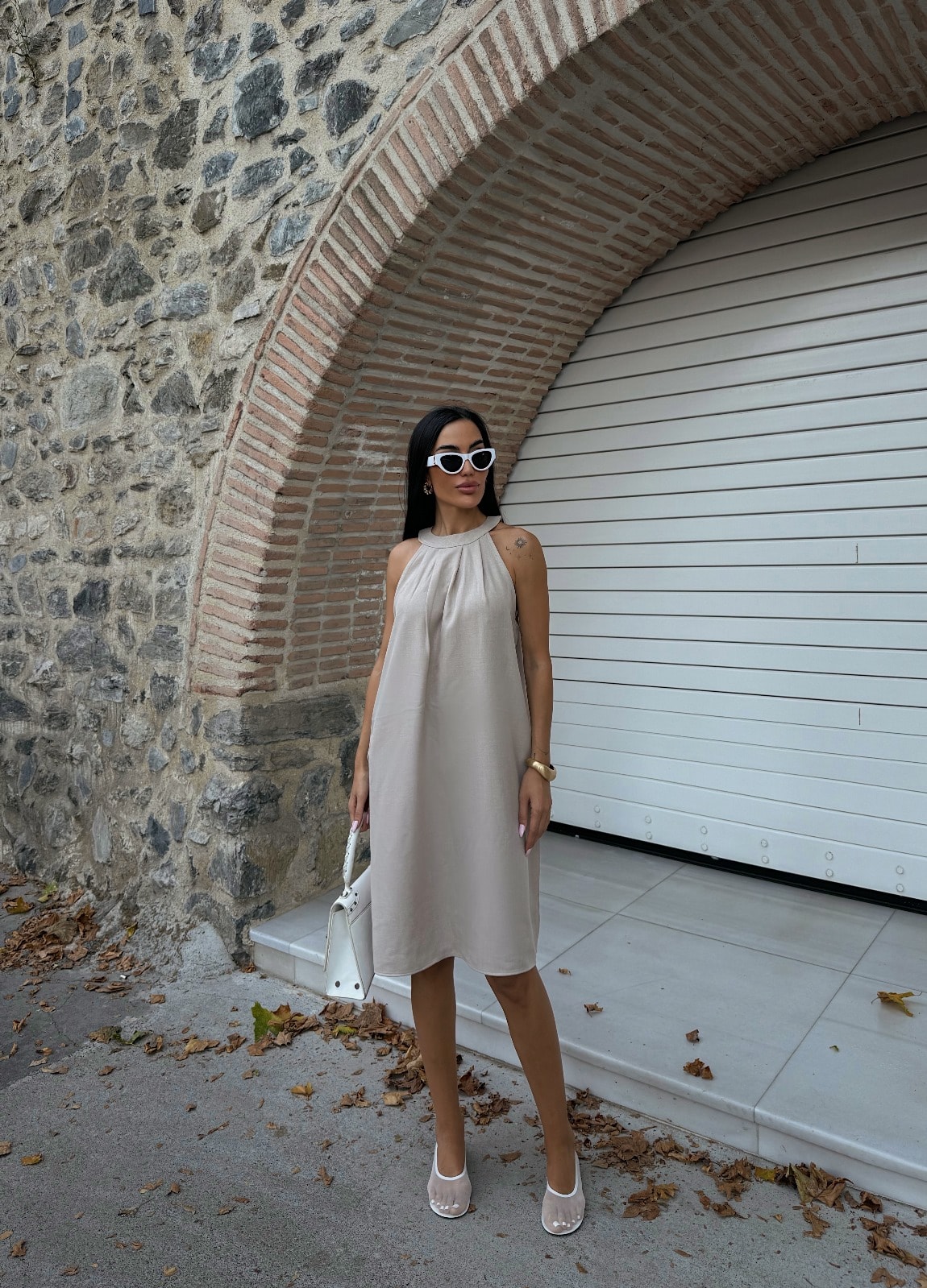 Halter Yaka Dokuma Midi Elbise - Görsel 3