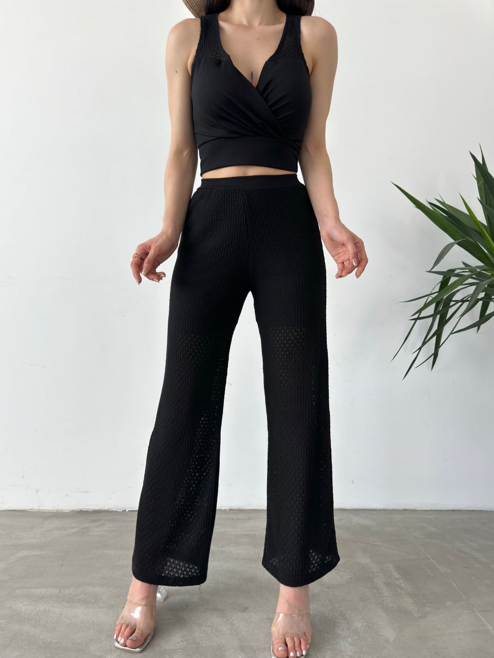 Kruvaze Yaka Crop Bluz Ve Detaylı Pantolon Triko İkili Takım - Görsel 4