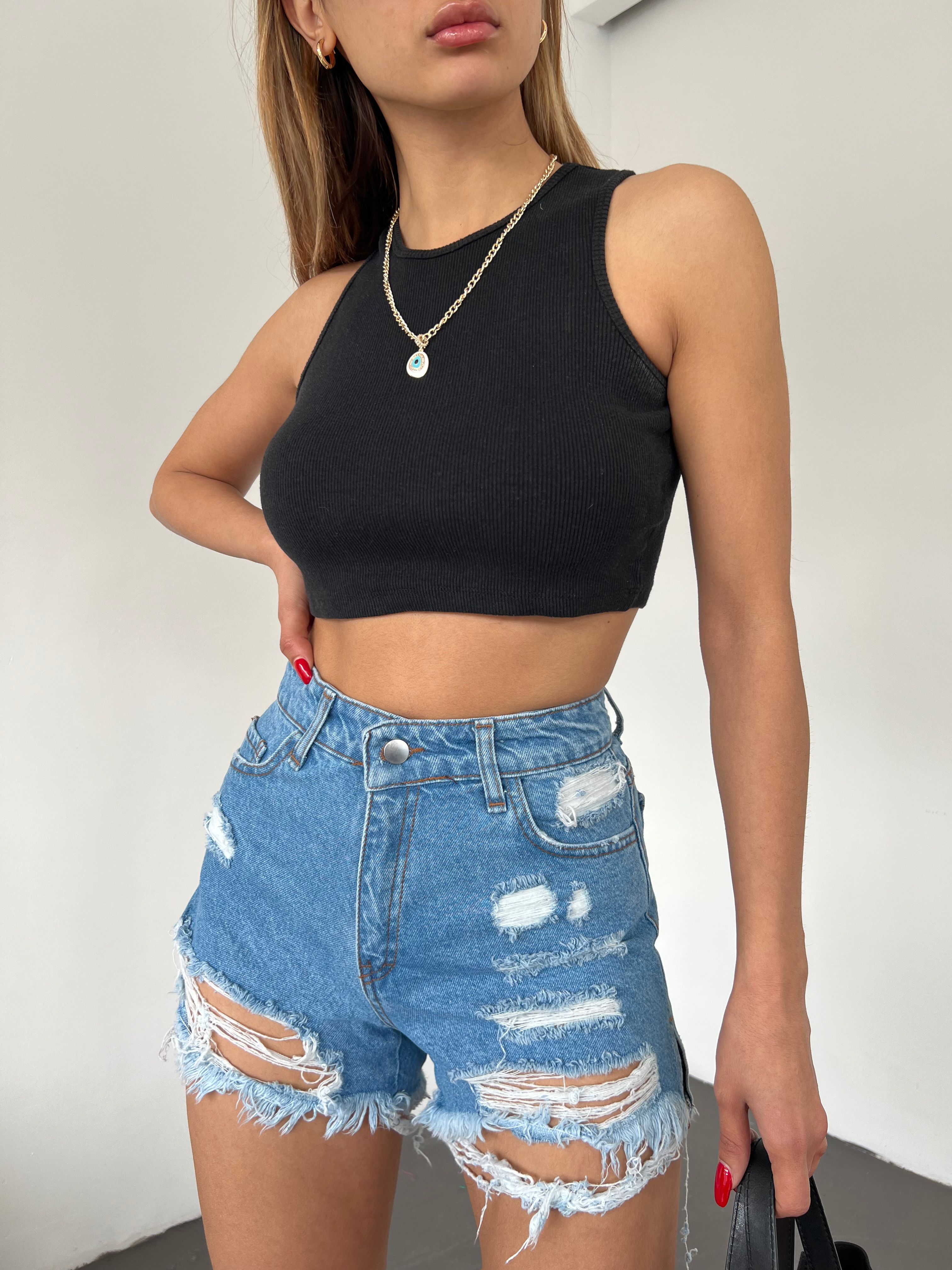 Washed Laser Ripped Mini Denim Shorts