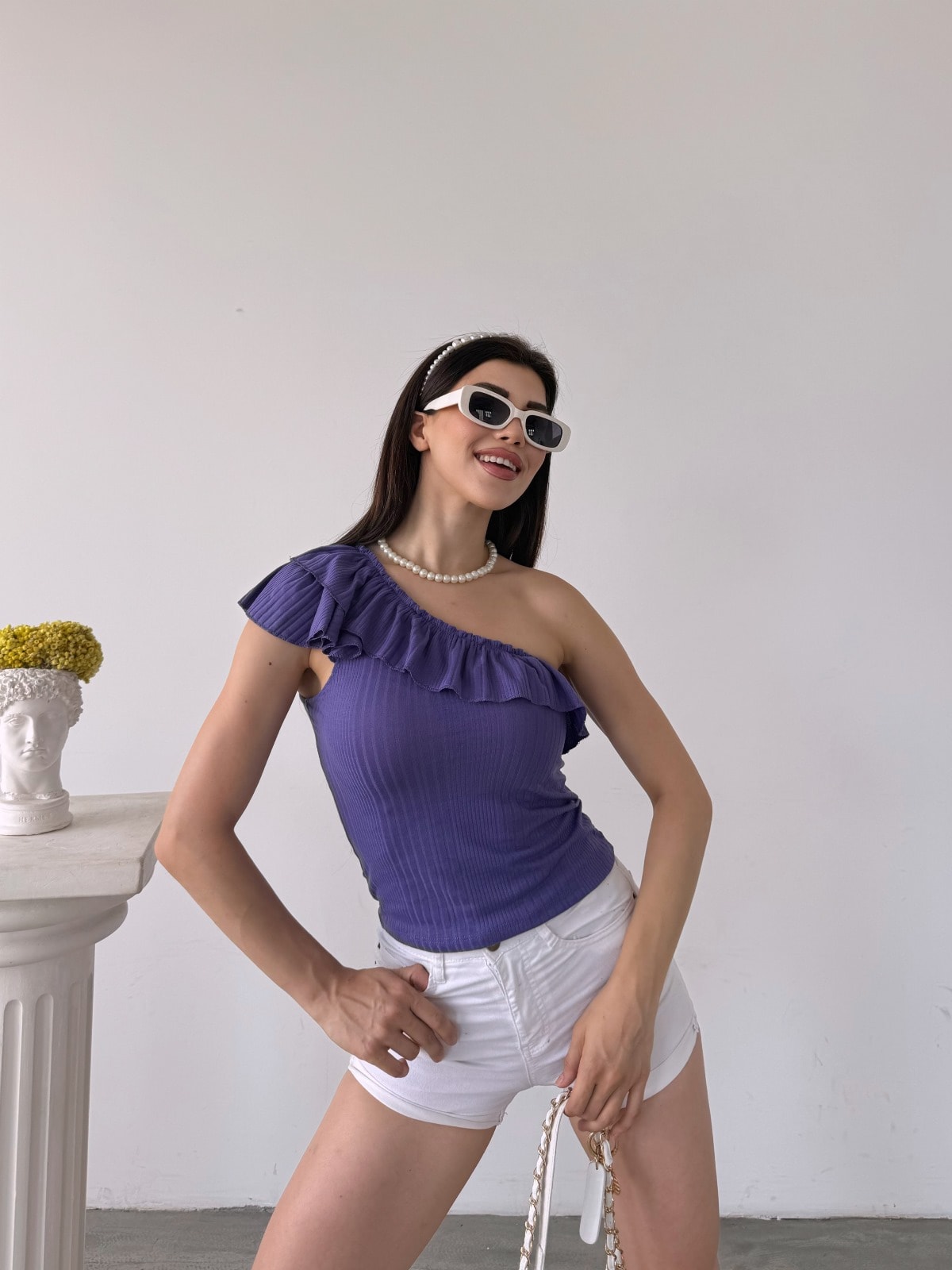 Tek Omuz Fırıfır Detaylı Bluz - Görsel 6