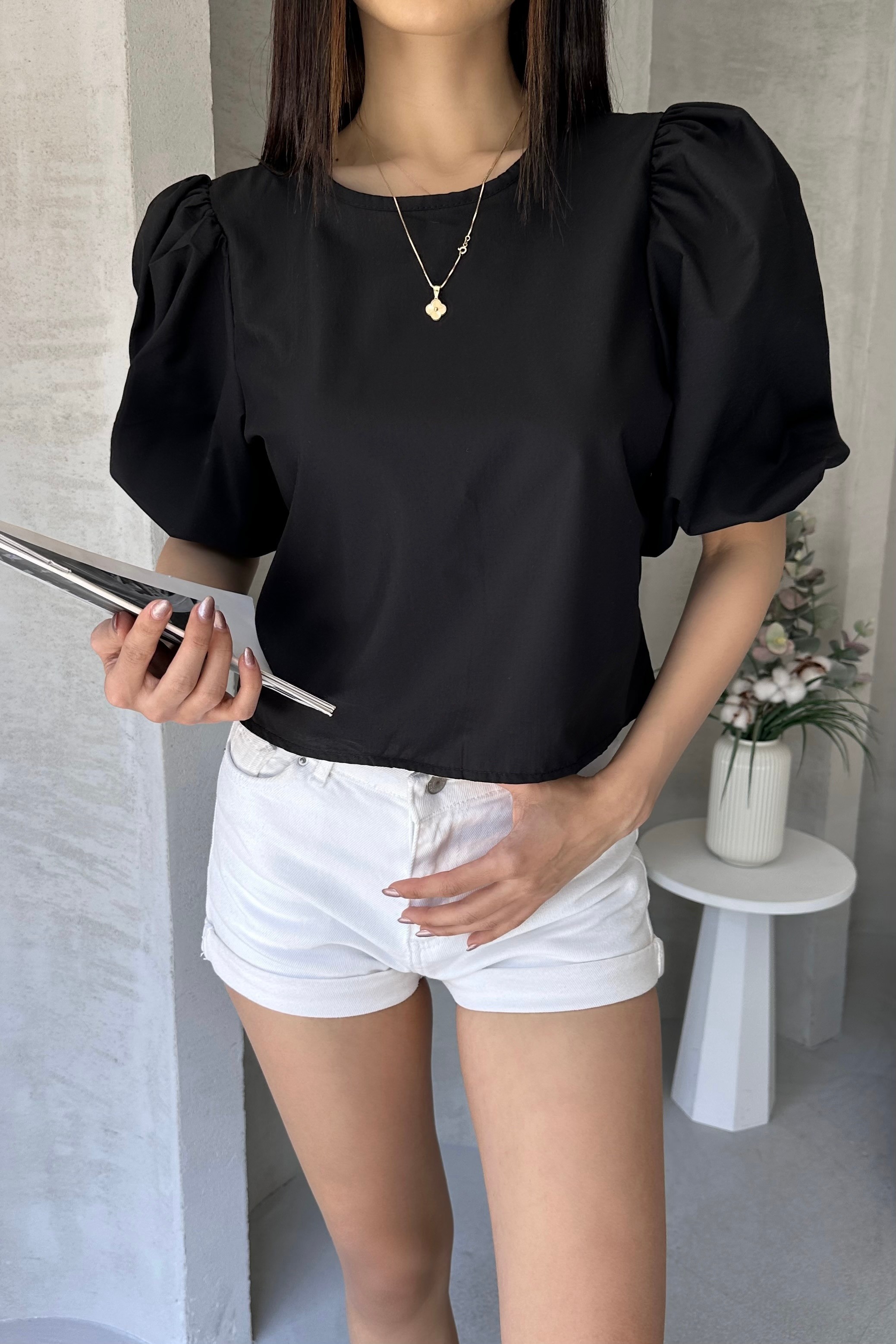 Karpuz Kol Sırtı Fiyonk Detaylı Poplin Bluz - SİYAH