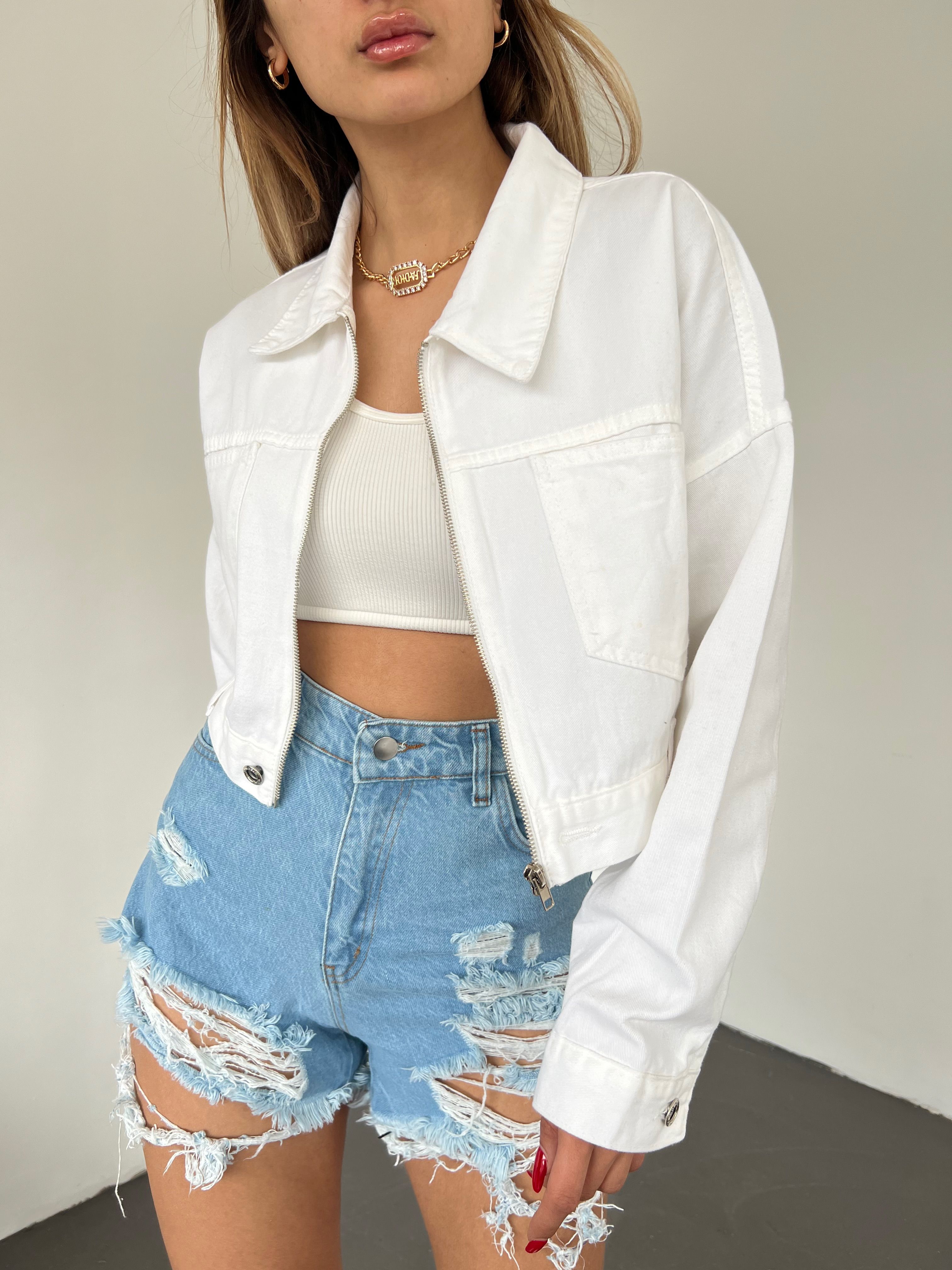 Zippered Double Pocket Denim Jacket - WHITE