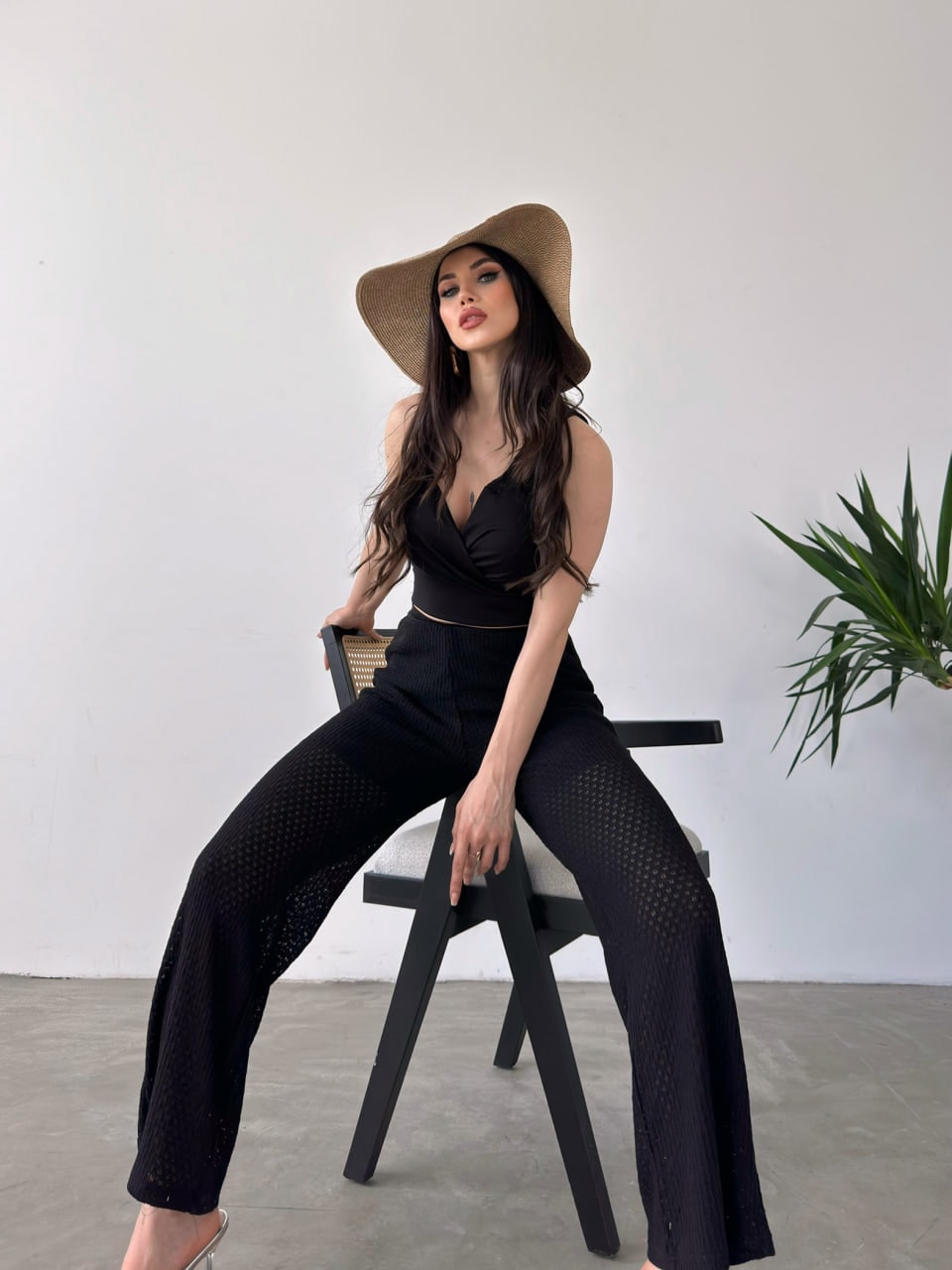 Kruvaze Yaka Crop Bluz Ve Detaylı Pantolon Triko İkili Takım - Görsel 5