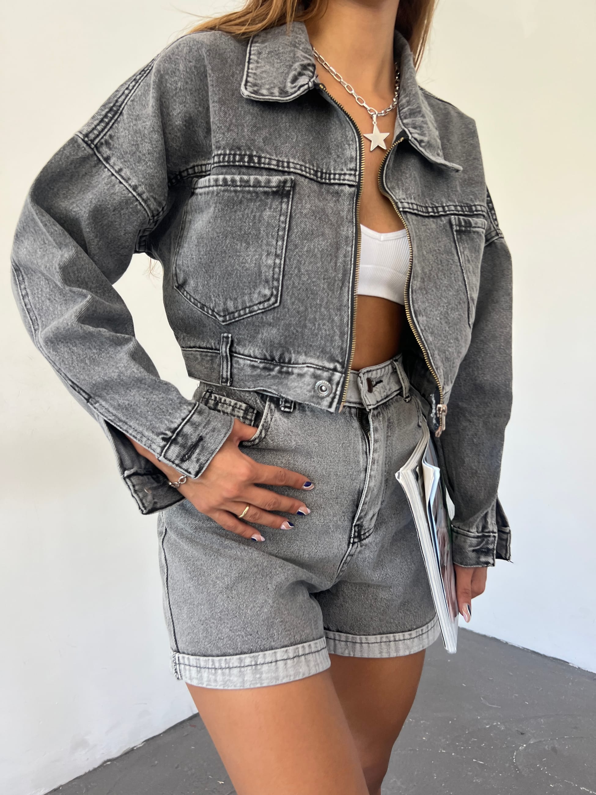 Fermuarlı Çift Cepli Denim Ceket - Görsel 7