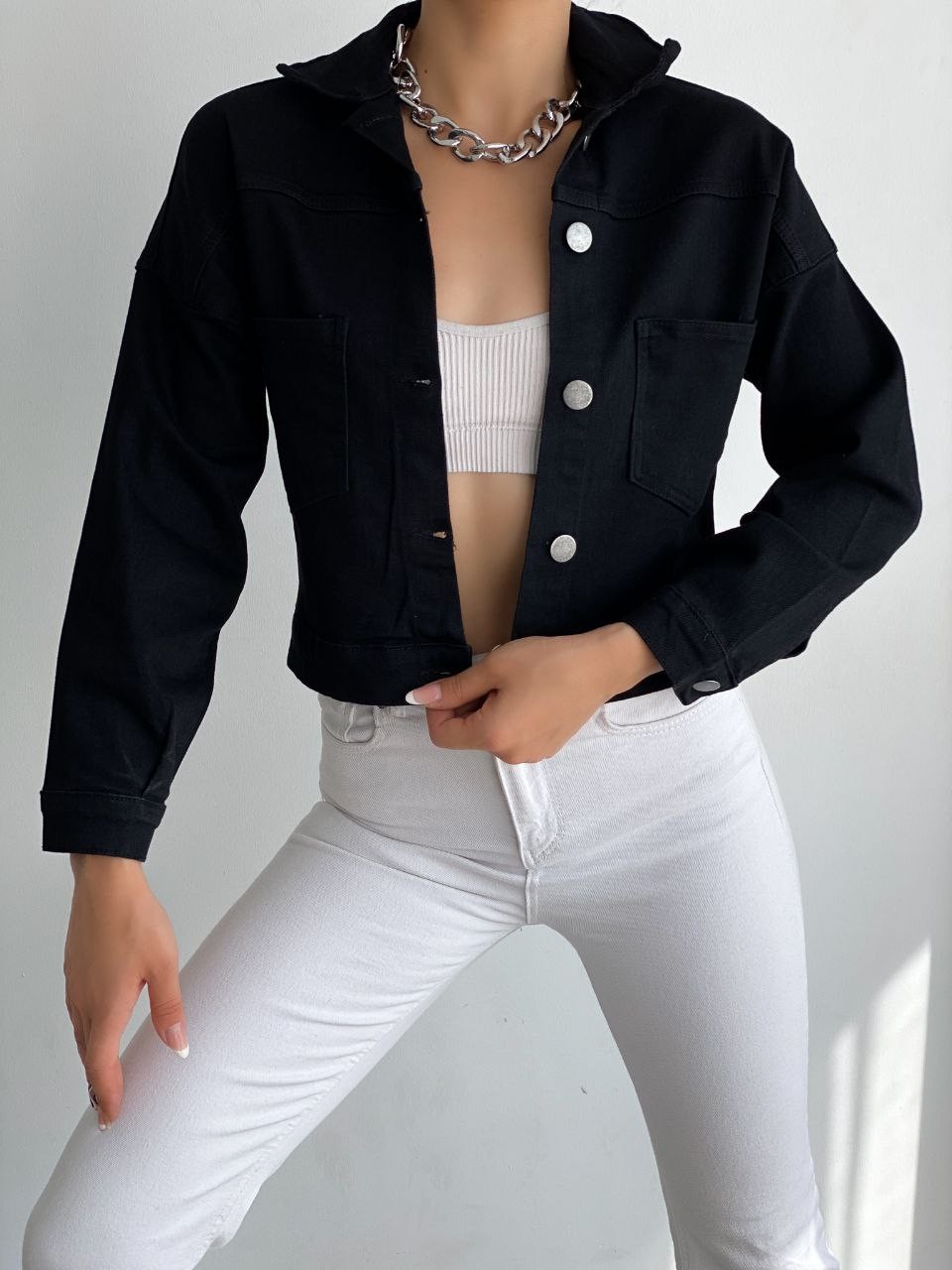 Çift Cepli Denim Crop Ceket