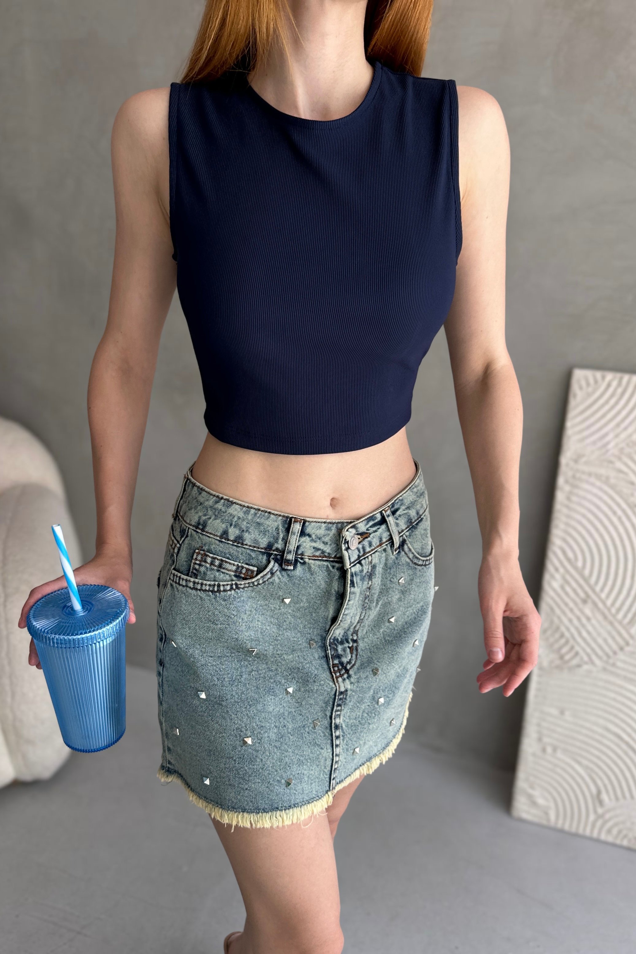 Sırtı Kemer Detaylı Kaşkorse Crop Bluz - LACİVERT