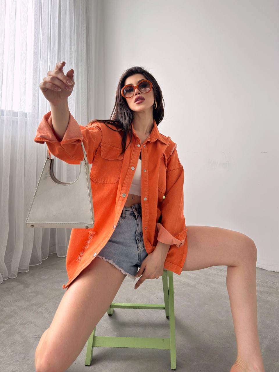 Çift Cepli Yırtık Efektli Oversize Denim Gömlek Ceket - ORANGE