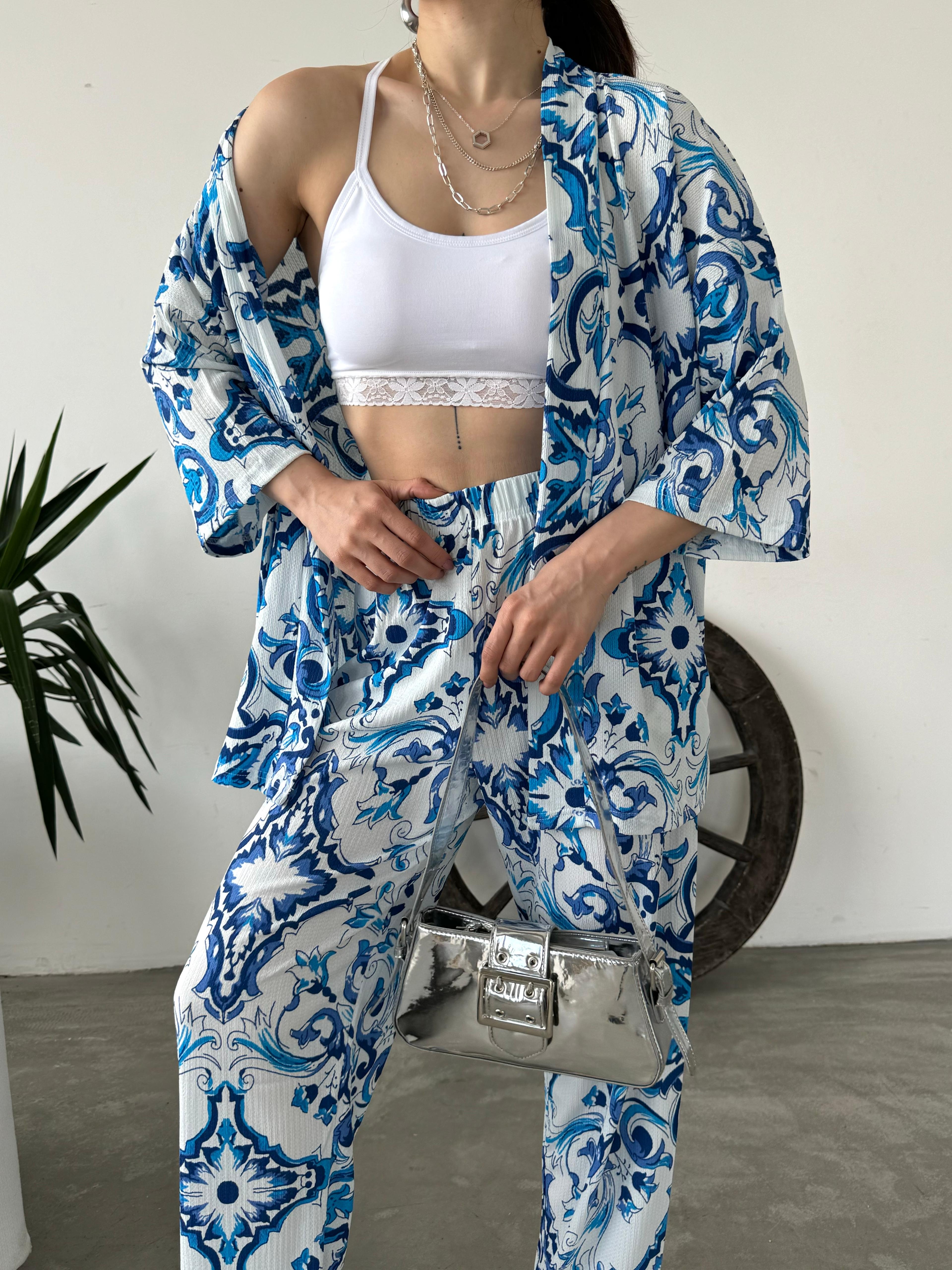 Desenli Kimono Ve Pantolon İkili Takım