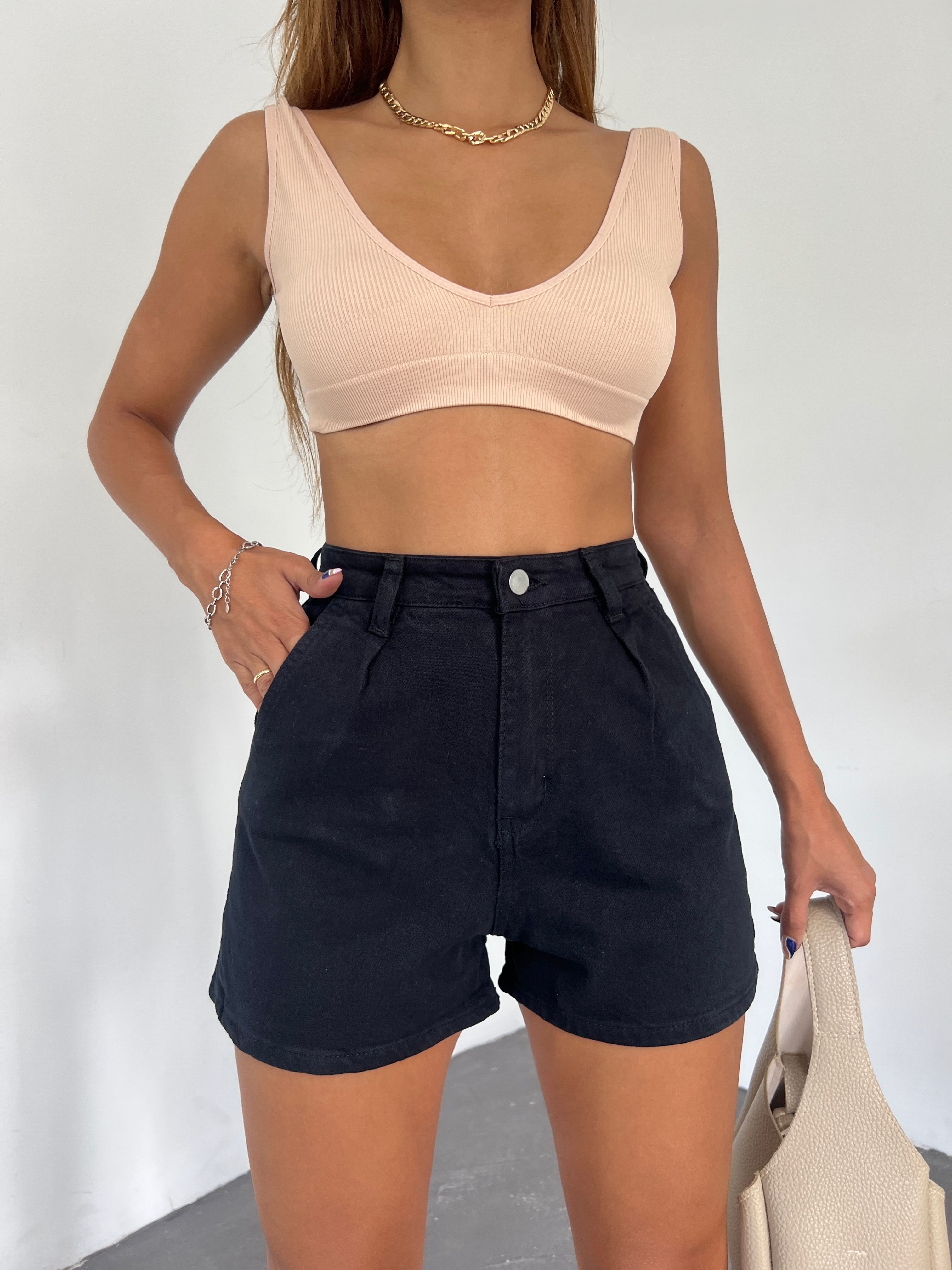 Çift Cepli Pileli Mini Denim Şort