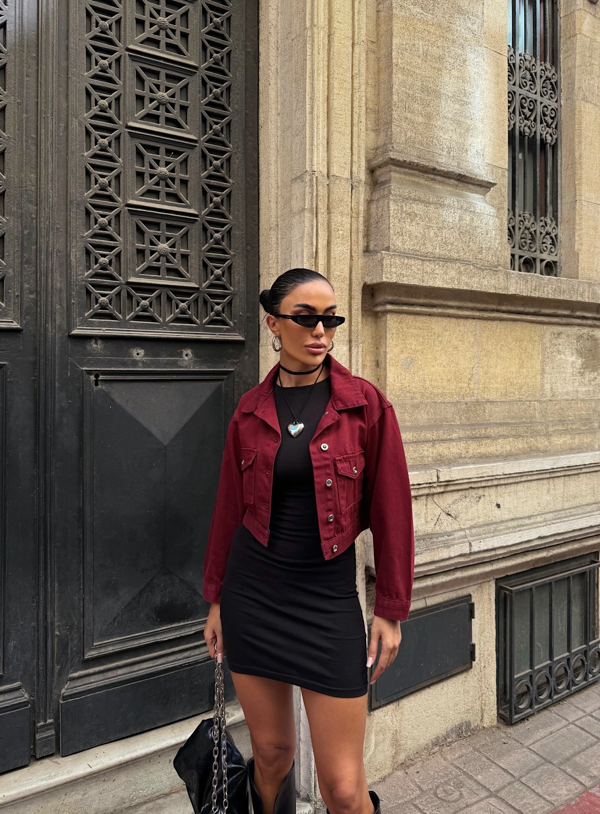 Çift Cep Denim Crop Ceket - BORDO