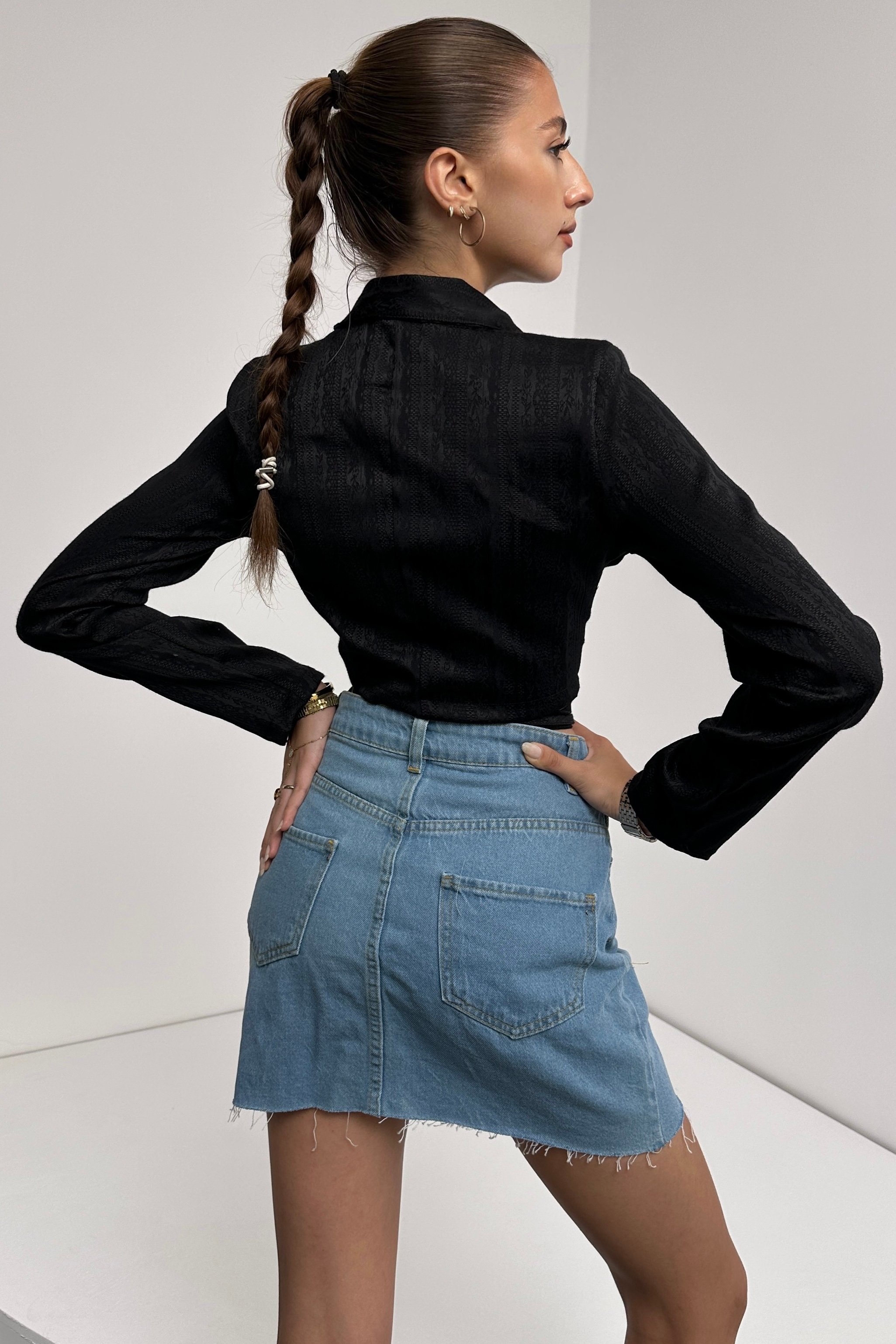 Gömlek Yaka Beli Bağlamalı Crop Bluz
